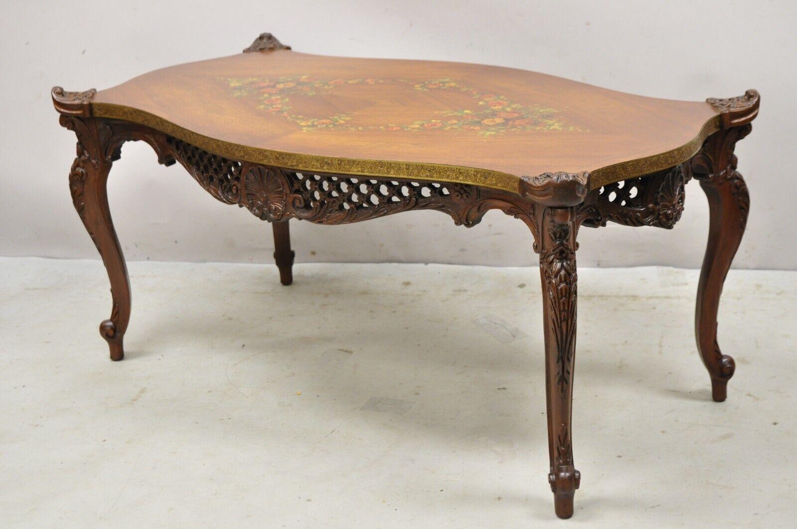 Vintage French Louis XV Style Walnut Coffee Table with Hand Painted Floral Top In Good Condition For Sale In Philadelphia, PA