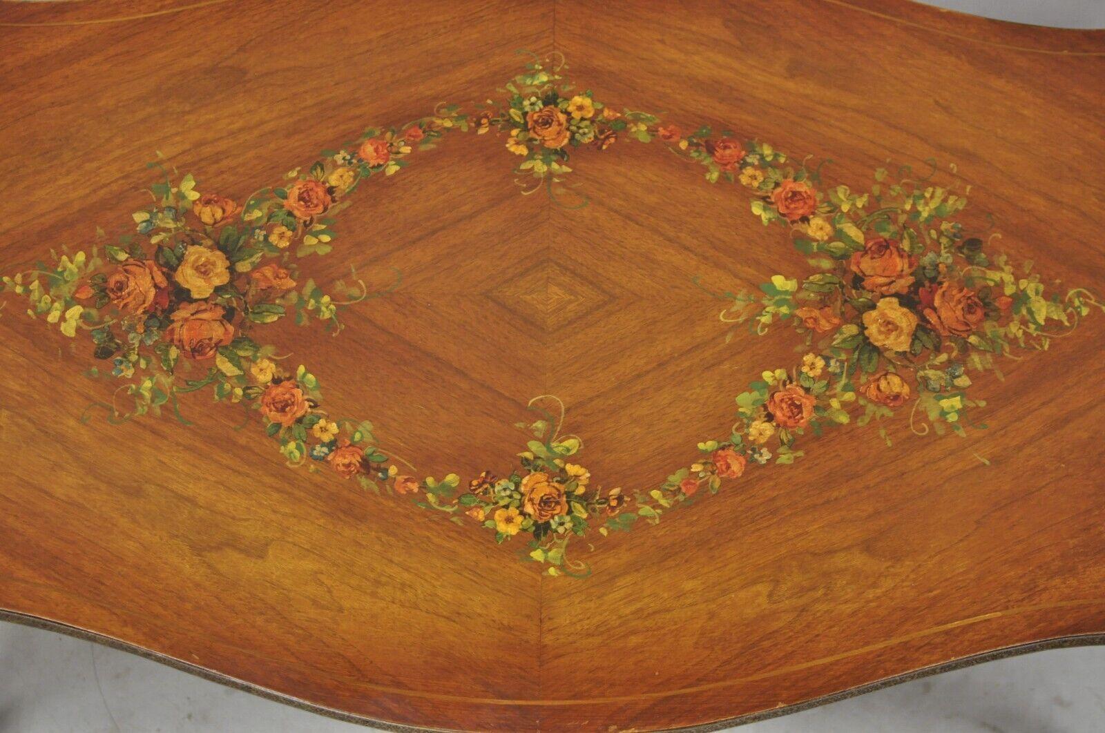 20th Century Vintage French Louis XV Style Walnut Coffee Table with Hand Painted Floral Top For Sale
