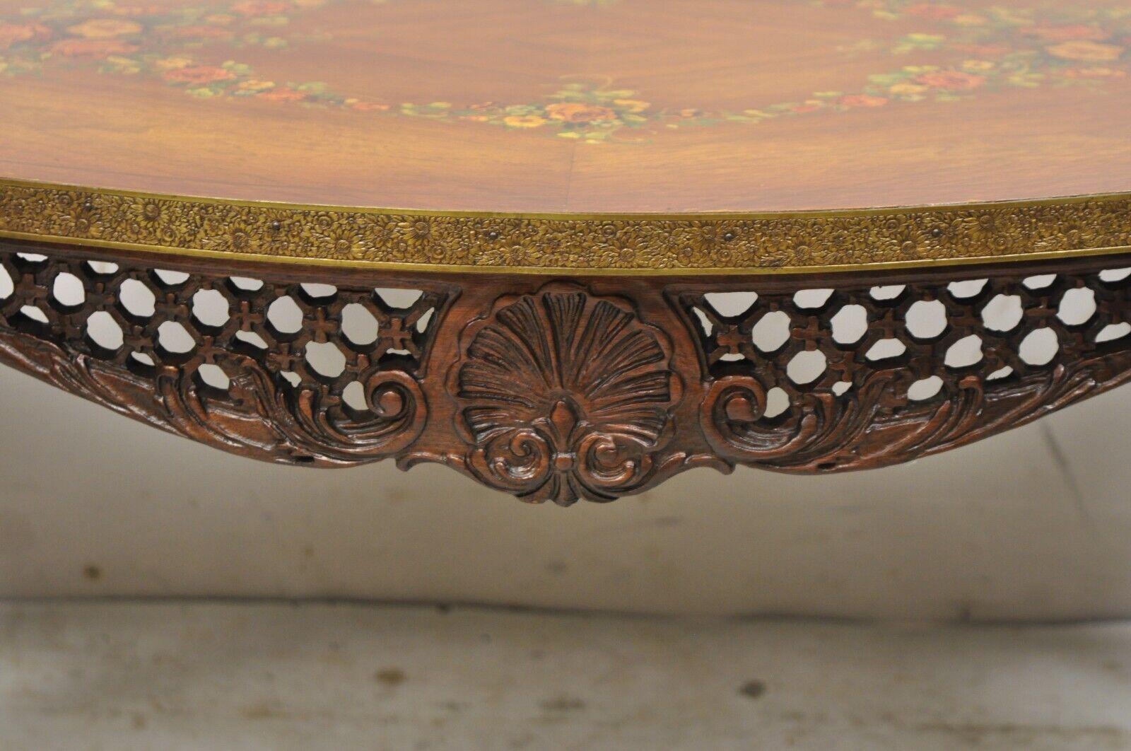 Brass Vintage French Louis XV Style Walnut Coffee Table with Hand Painted Floral Top For Sale
