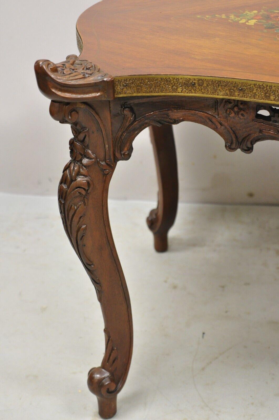 Vintage French Louis XV Style Walnut Coffee Table with Hand Painted Floral Top For Sale 1