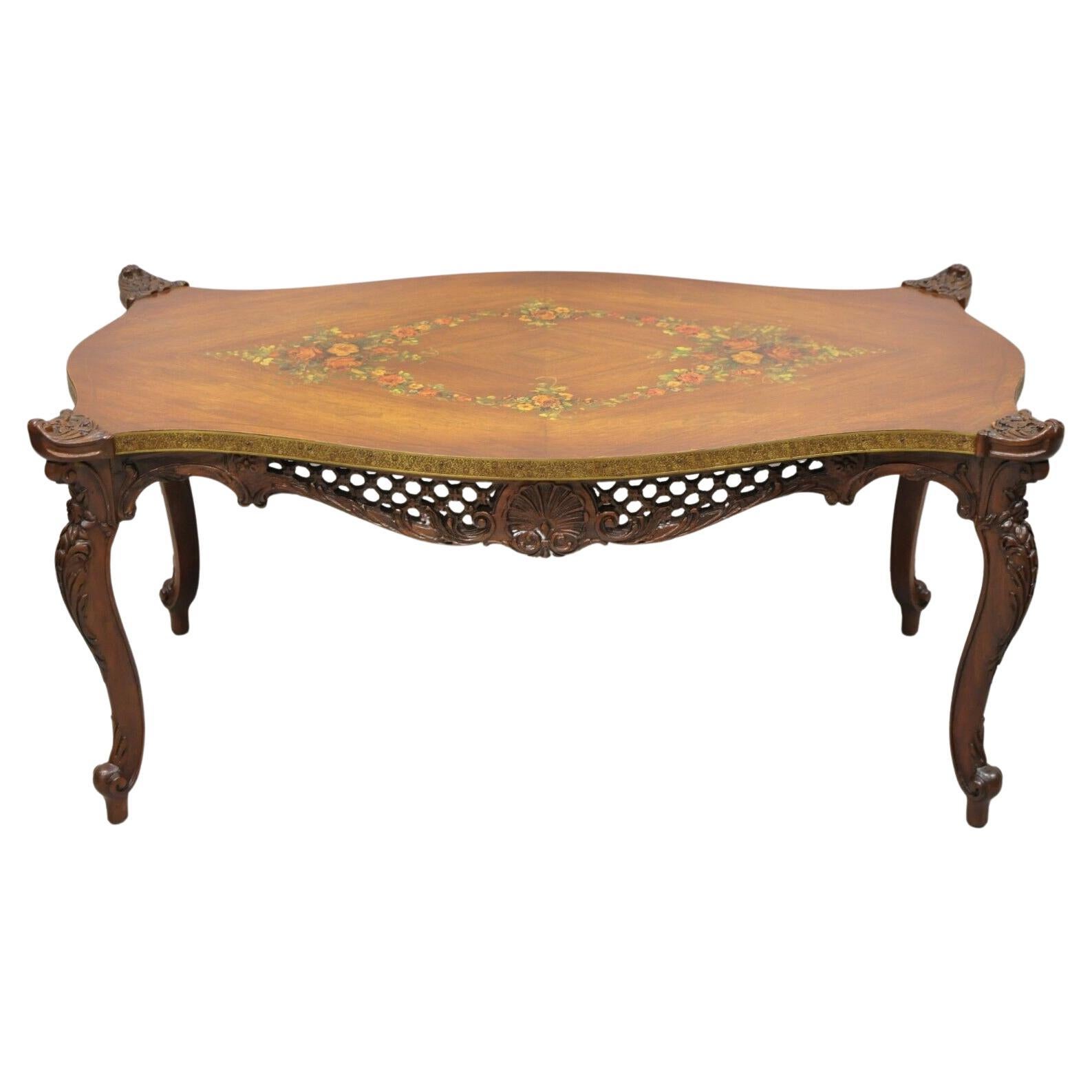 Vintage French Louis XV Style Walnut Coffee Table with Hand Painted Floral Top For Sale