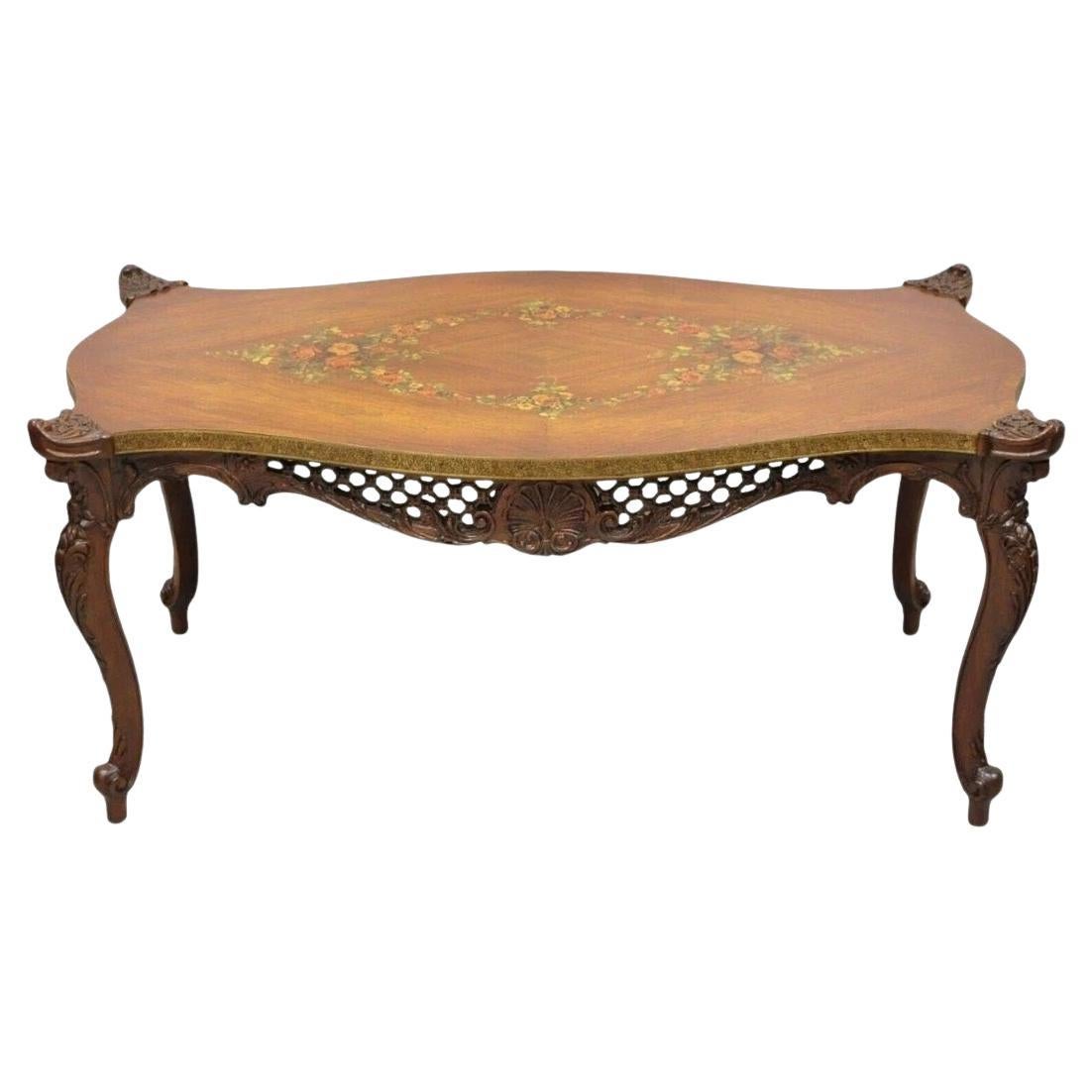 Table basse vintage en noyer de style Louis XV avec plateau floral peint à la main