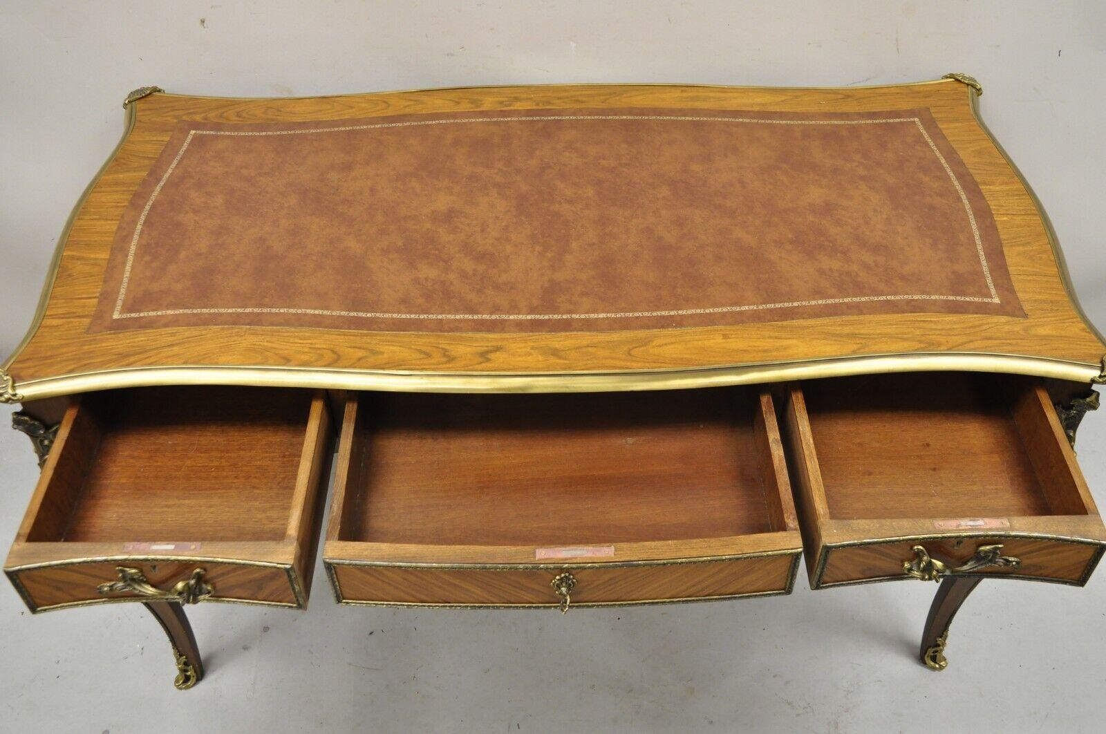 Veneer Vintage French Louis XV Style Walnut Leather Top Bronze Ormolu Writing Desk For Sale