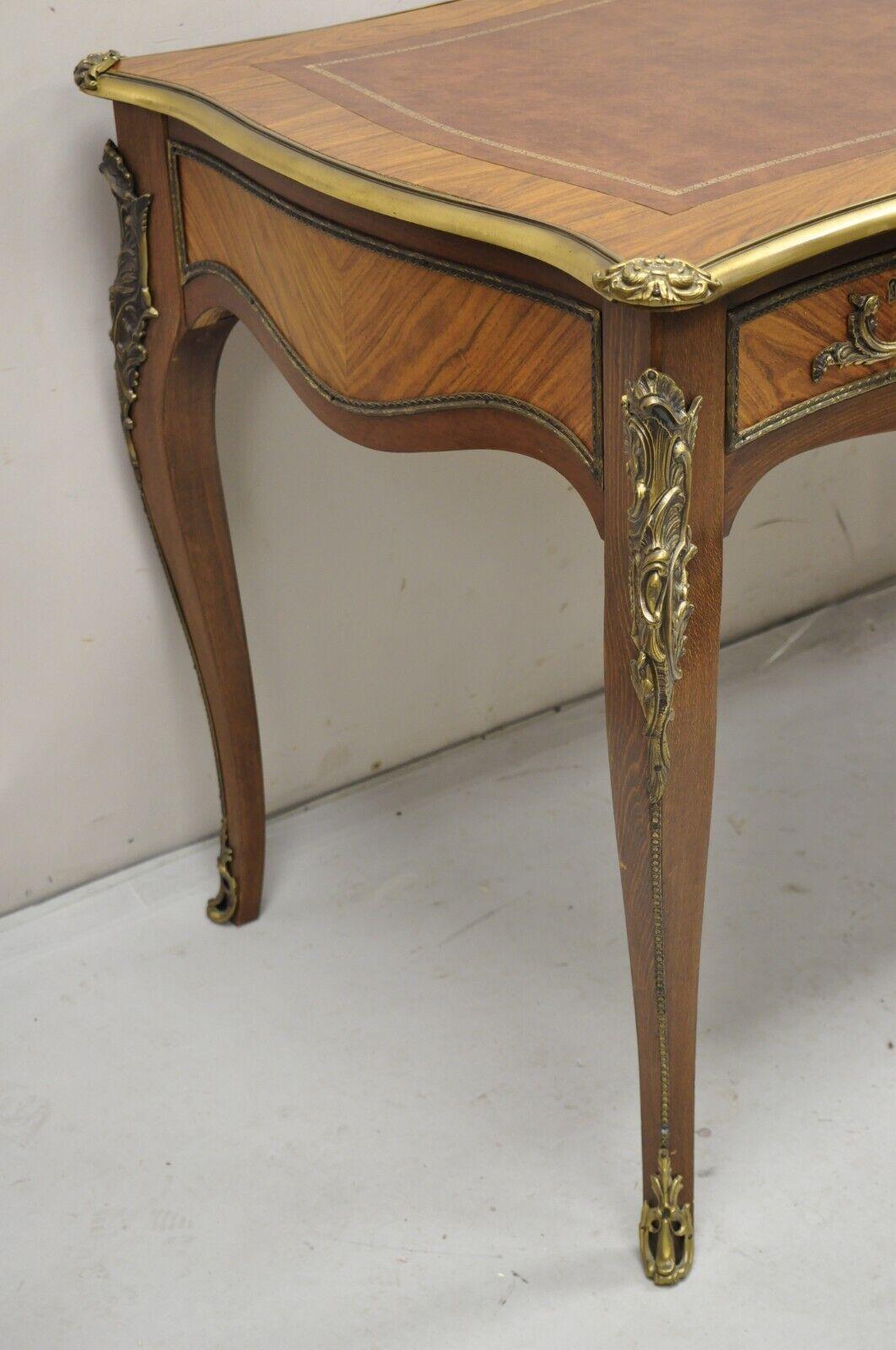 Vintage French Louis XV Style Walnut Leather Top Bronze Ormolu Writing Desk In Good Condition For Sale In Philadelphia, PA