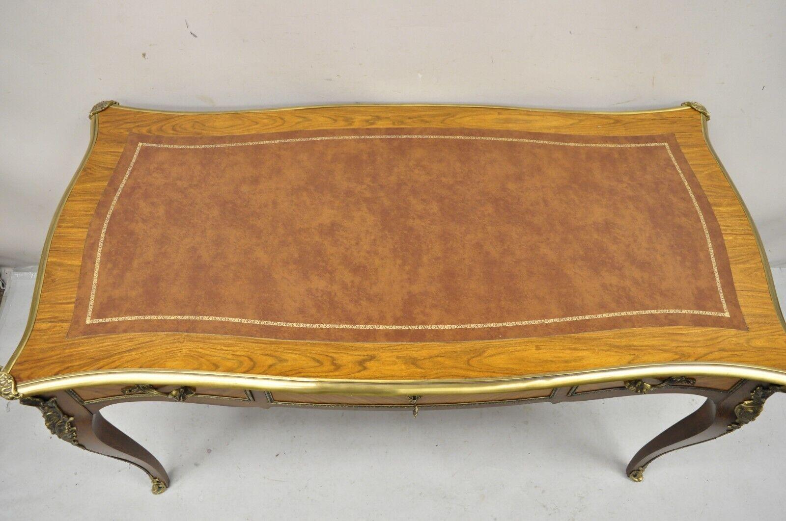 Vintage French Louis XV Style Walnut Leather Top Bronze Ormolu Writing Desk For Sale 1