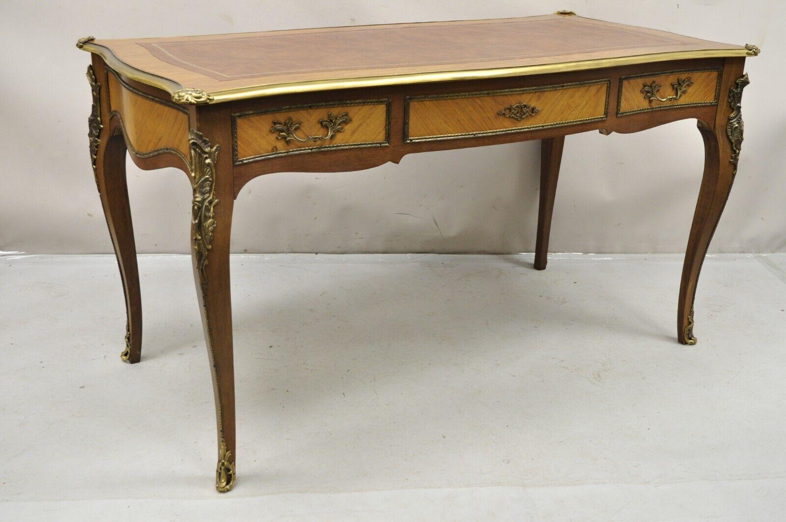 Vintage French Louis XV Style Walnut Leather Top Bronze Ormolu Writing Desk For Sale 3