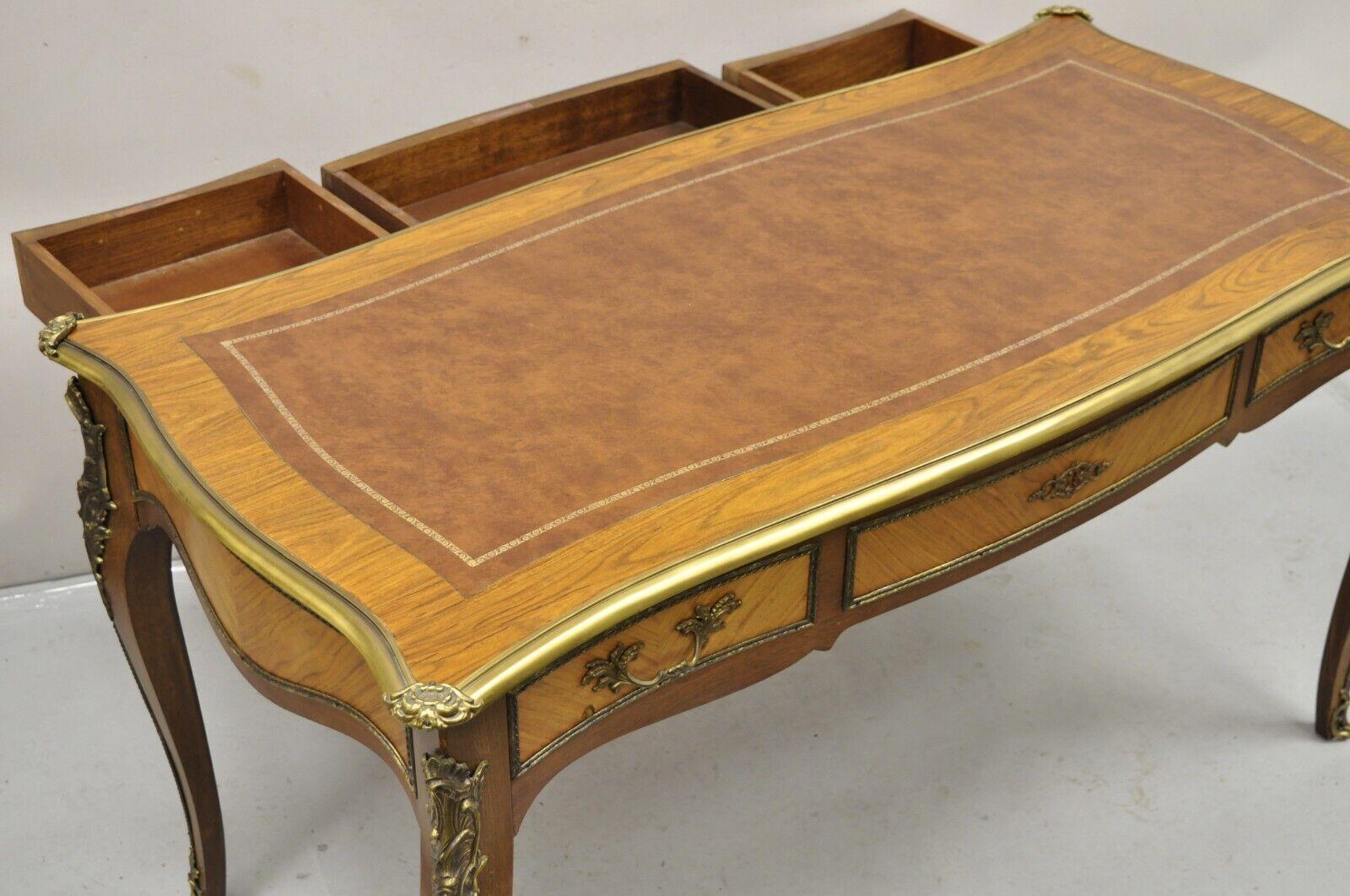 Vintage French Louis XV Style Walnut Leather Top Bronze Ormolu Writing Desk For Sale 4