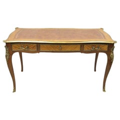 Vintage French Louis XV Style Walnut Leather Top Bronze Ormolu Writing Desk