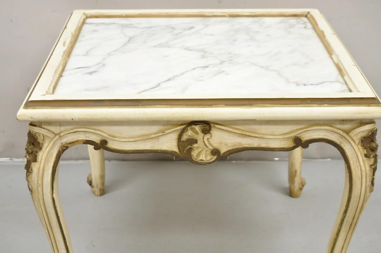 Vintage French Louis XV Style White Painted Marble Top Small Square Coffee Table For Sale 8