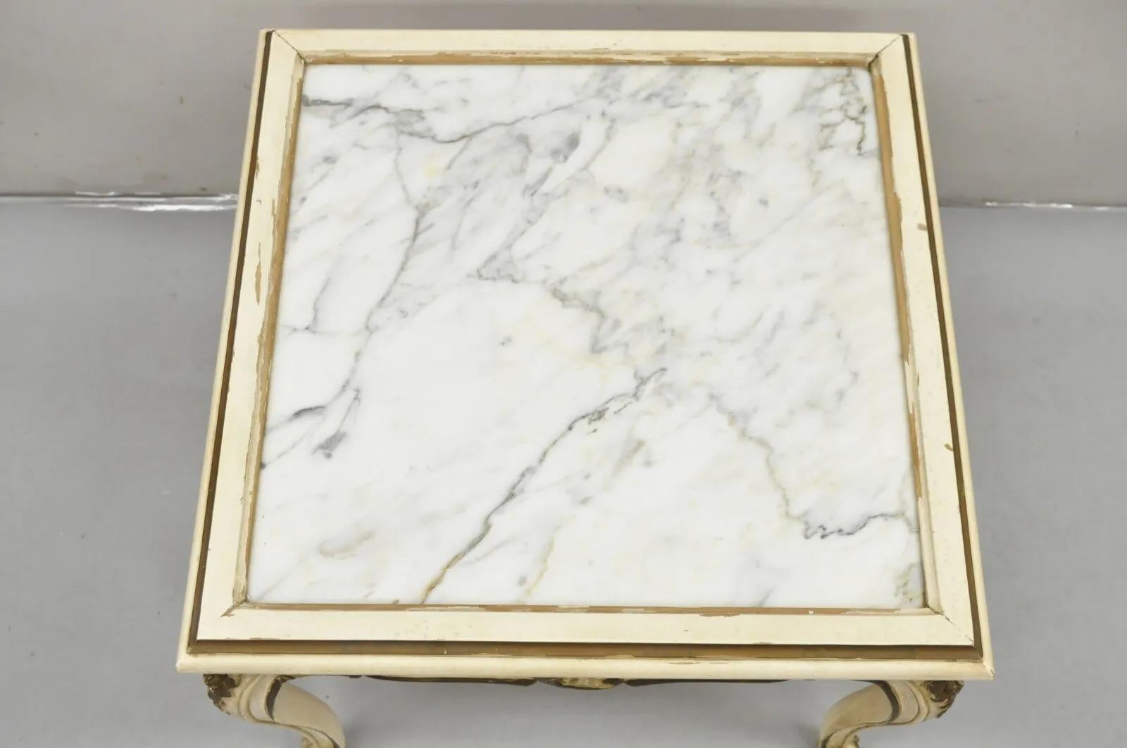 Vintage French Louis XV Style White Painted Marble Top Small Square Coffee Table In Good Condition For Sale In Philadelphia, PA