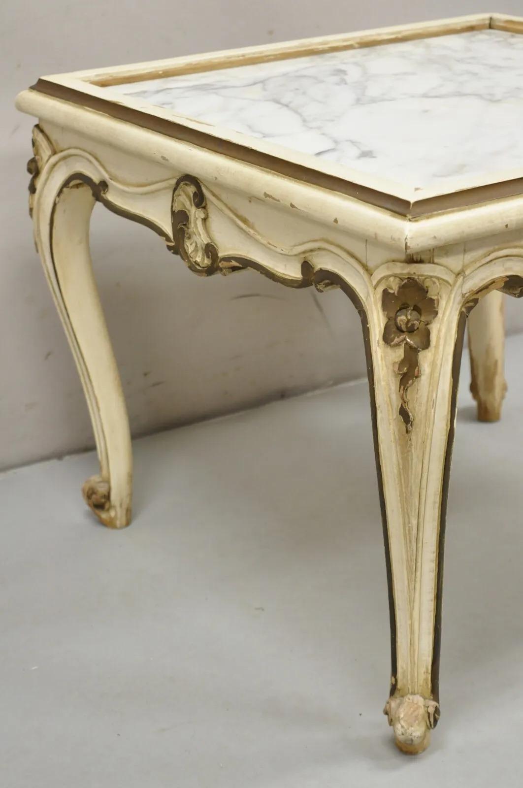 20th Century Vintage French Louis XV Style White Painted Marble Top Small Square Coffee Table For Sale