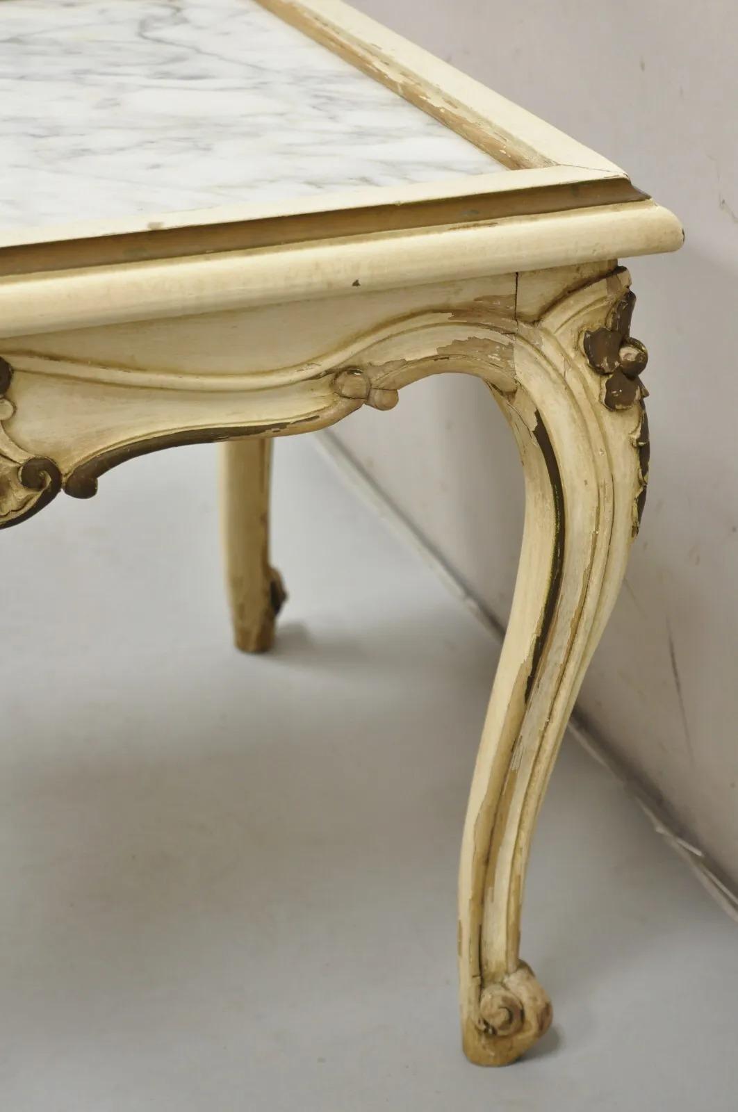 Vintage French Louis XV Style White Painted Marble Top Small Square Coffee Table For Sale 4