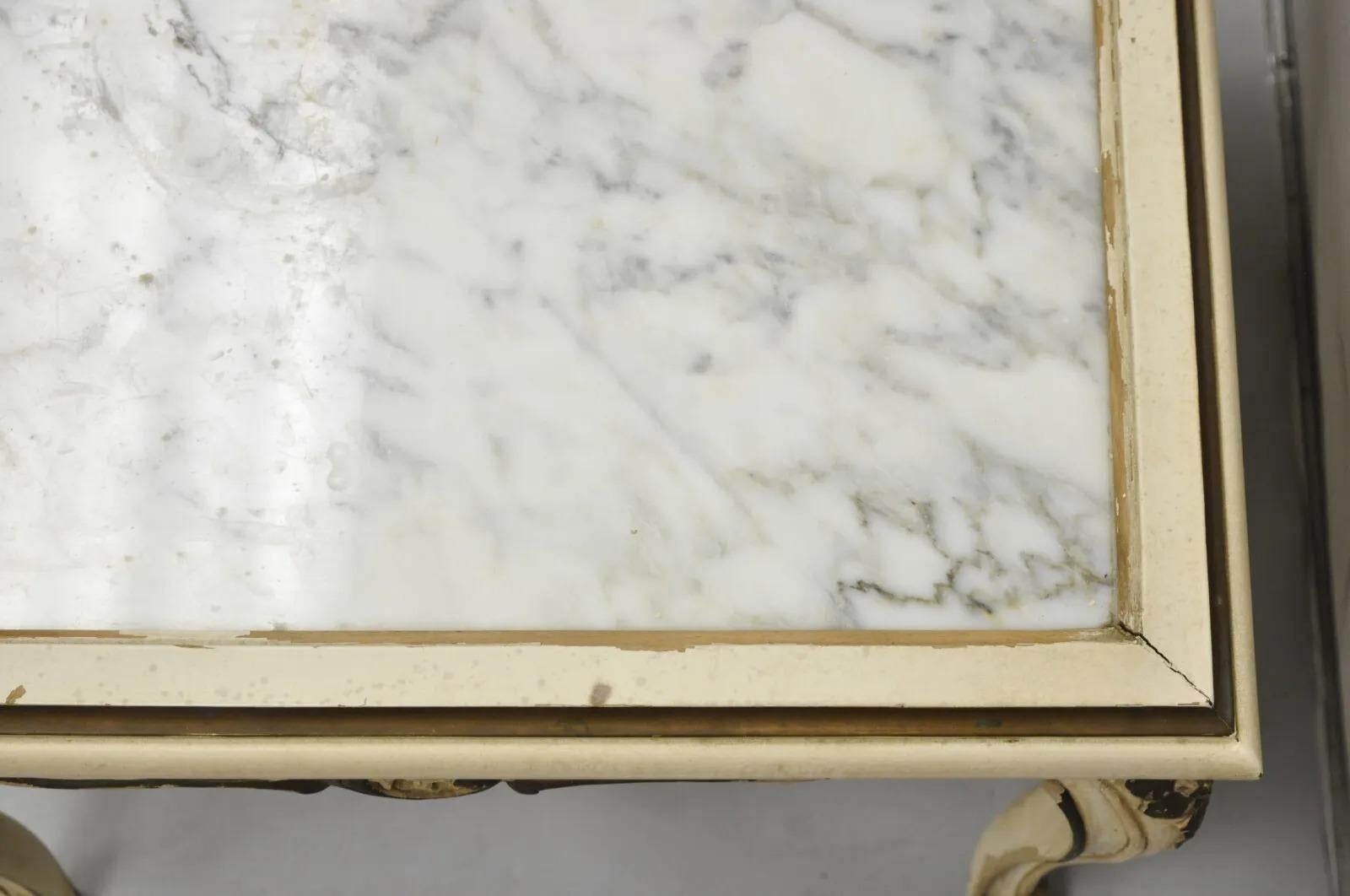 Vintage French Louis XV Style White Painted Marble Top Small Square Coffee Table For Sale 5