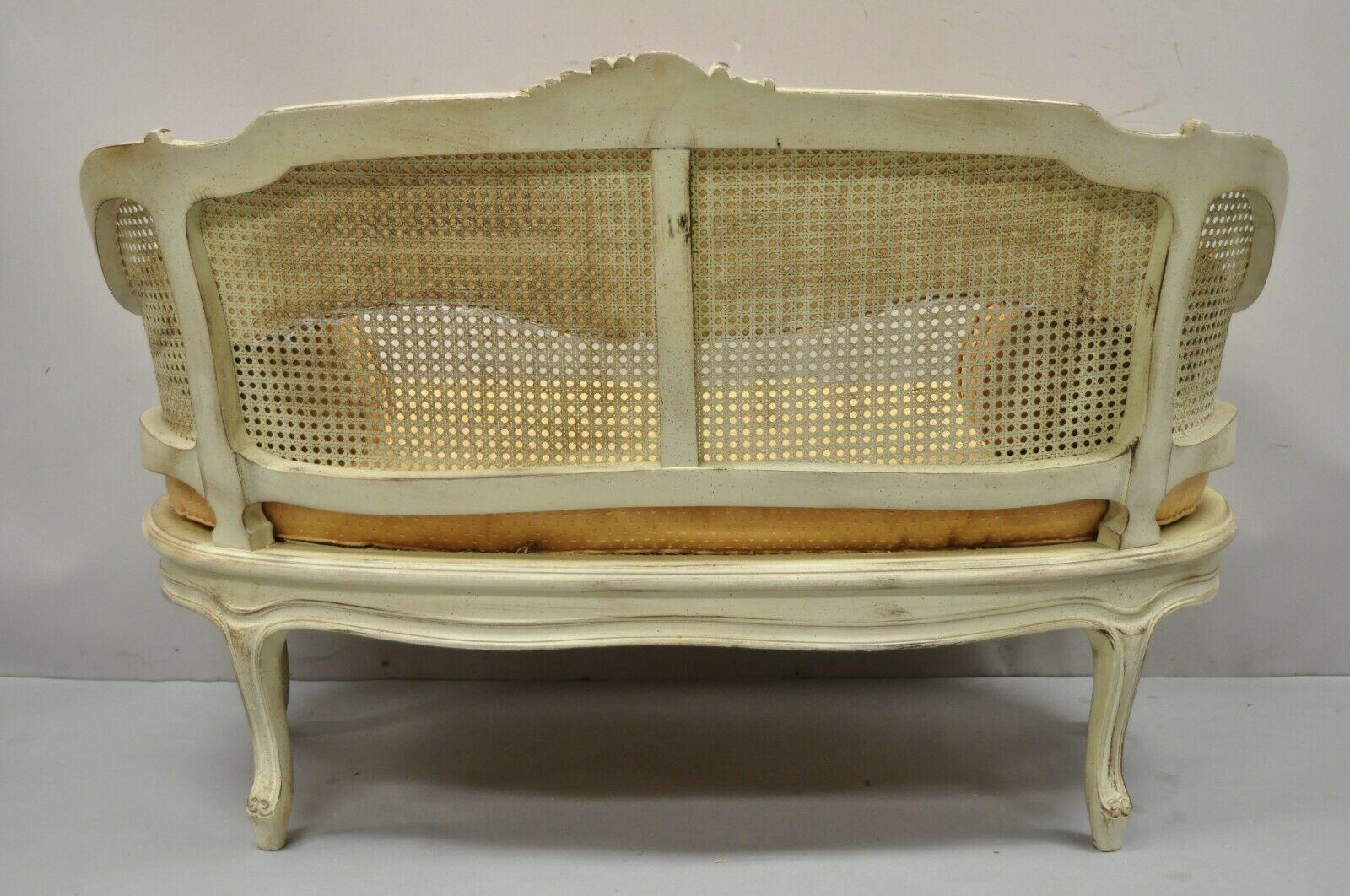 Vintage French Louis XV Victorian Style Small Cane Cream Settee Loveseat Sofa For Sale 2