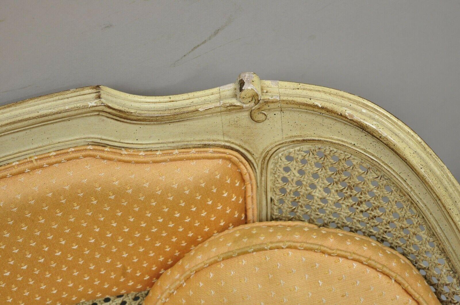 Vintage French Louis XV Victorian Style Small Cane Cream Settee Loveseat Sofa For Sale 3