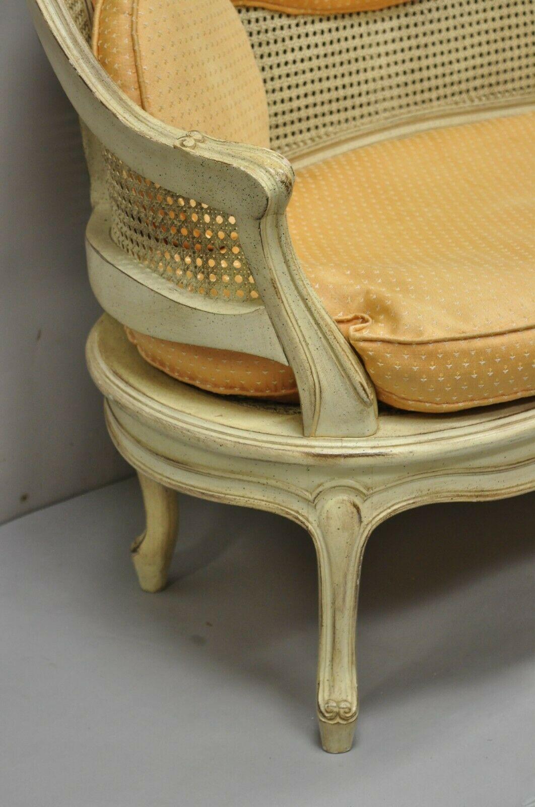 Italian Vintage French Louis XV Victorian Style Small Cane Cream Settee Loveseat Sofa For Sale