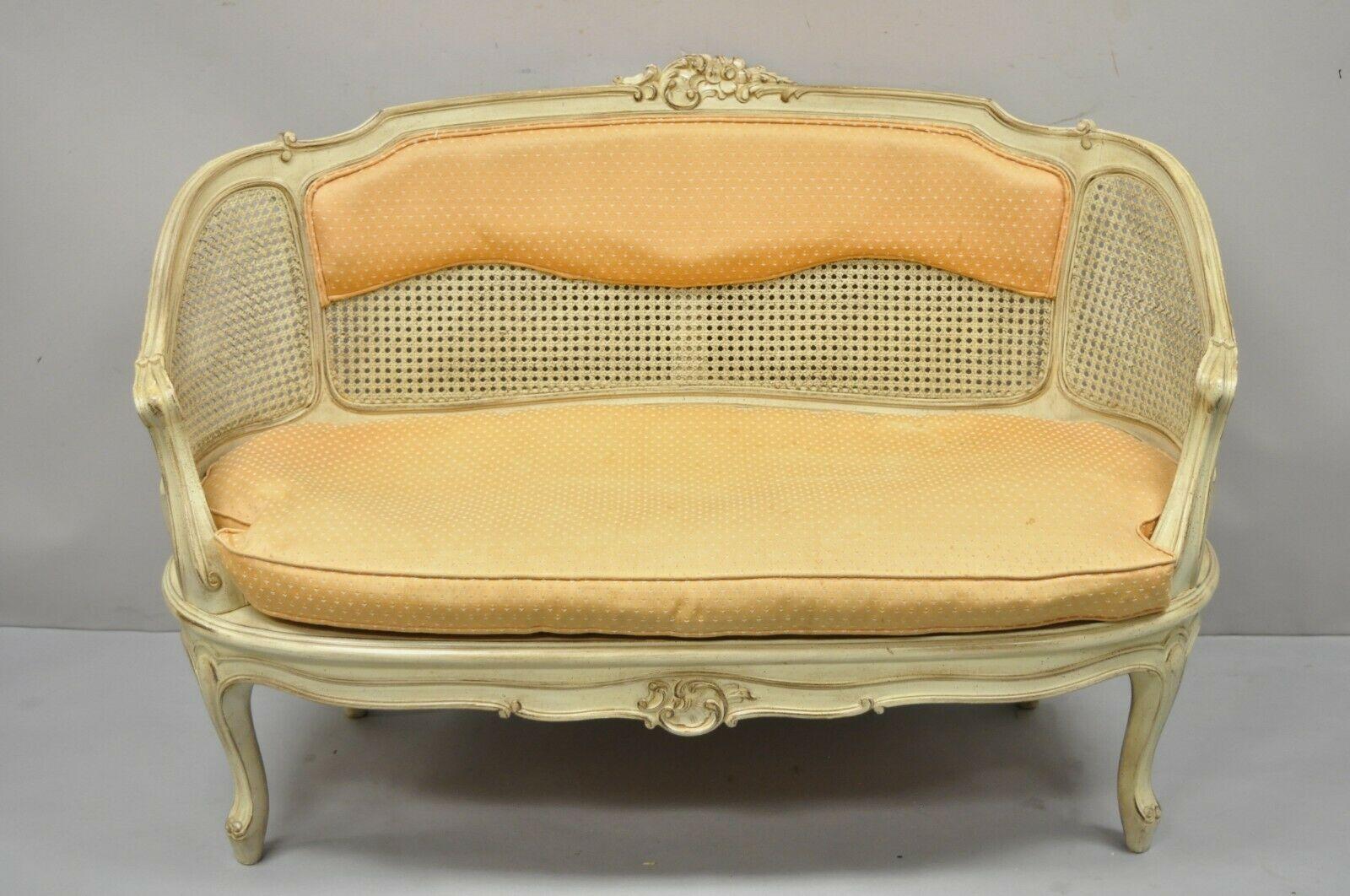 Vintage French Louis XV Victorian Style Small Cane Cream Settee Loveseat Sofa For Sale 1