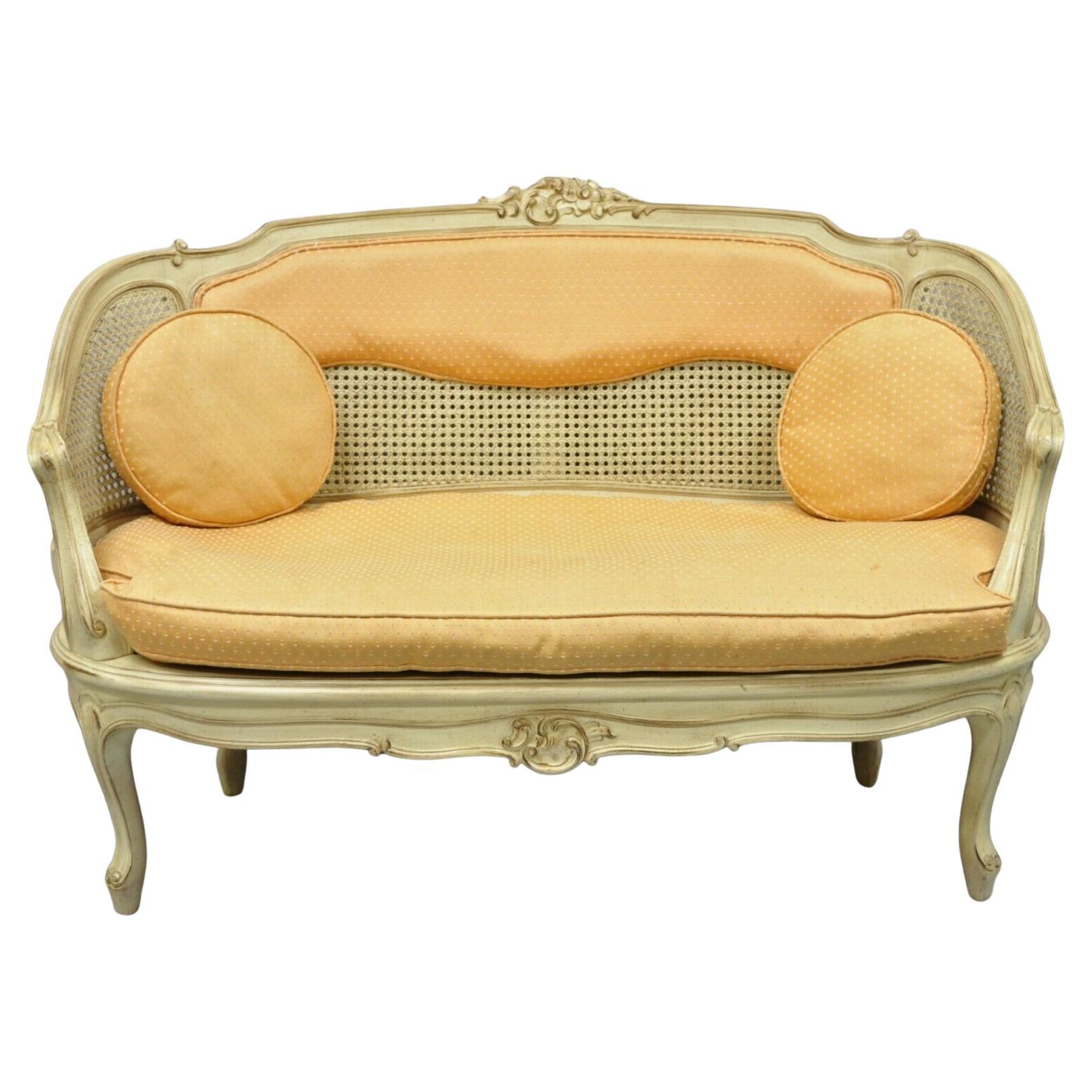 Vintage French Louis XV Victorian Style Small Cane Cream Settee Loveseat Sofa For Sale