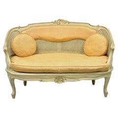 Retro French Louis XV Victorian Style Small Cane Cream Settee Loveseat Sofa