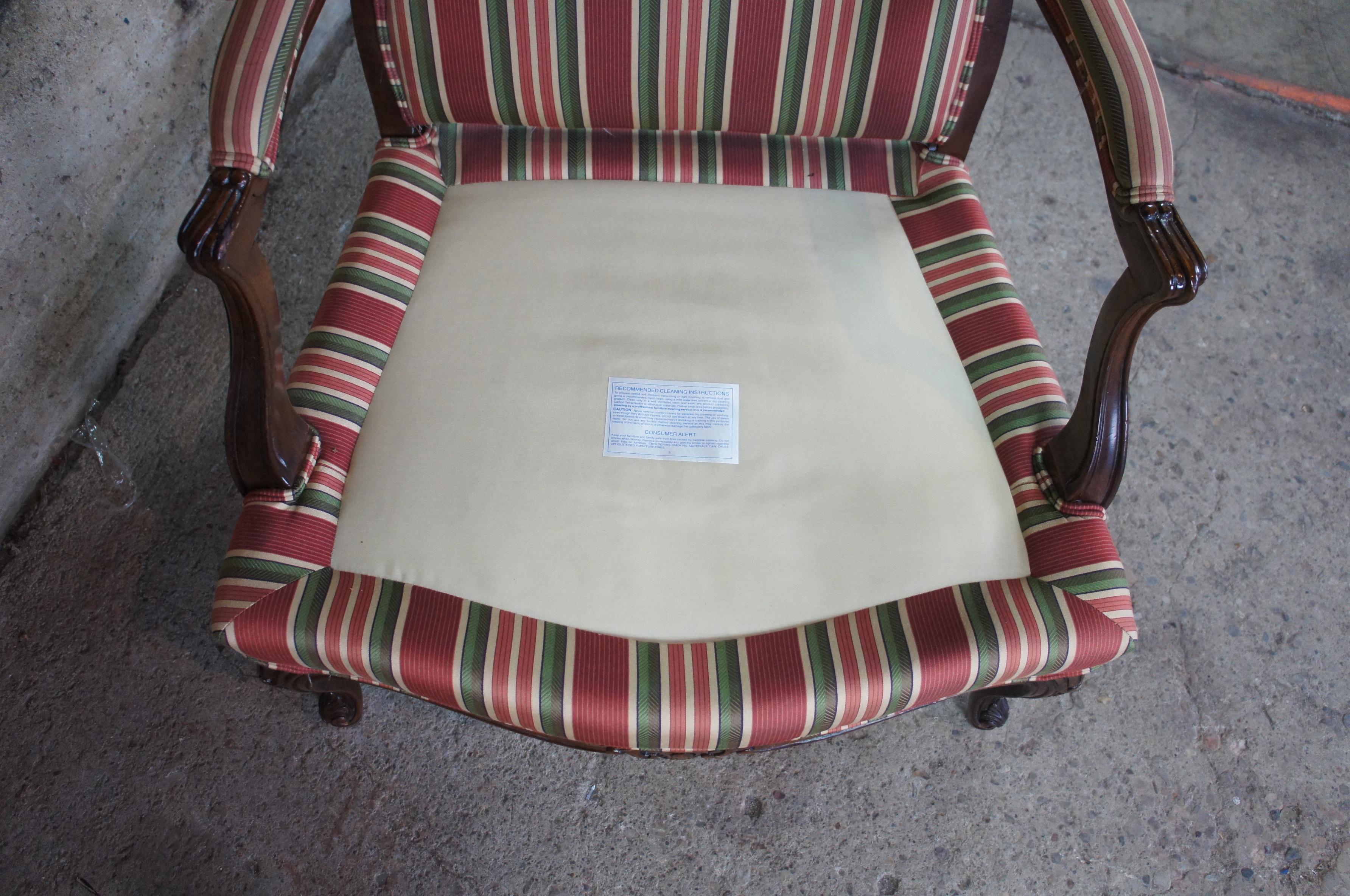 Vintage French Louis XV Walnut Fauteuil Library Arm Chair Striped Upholstery 6