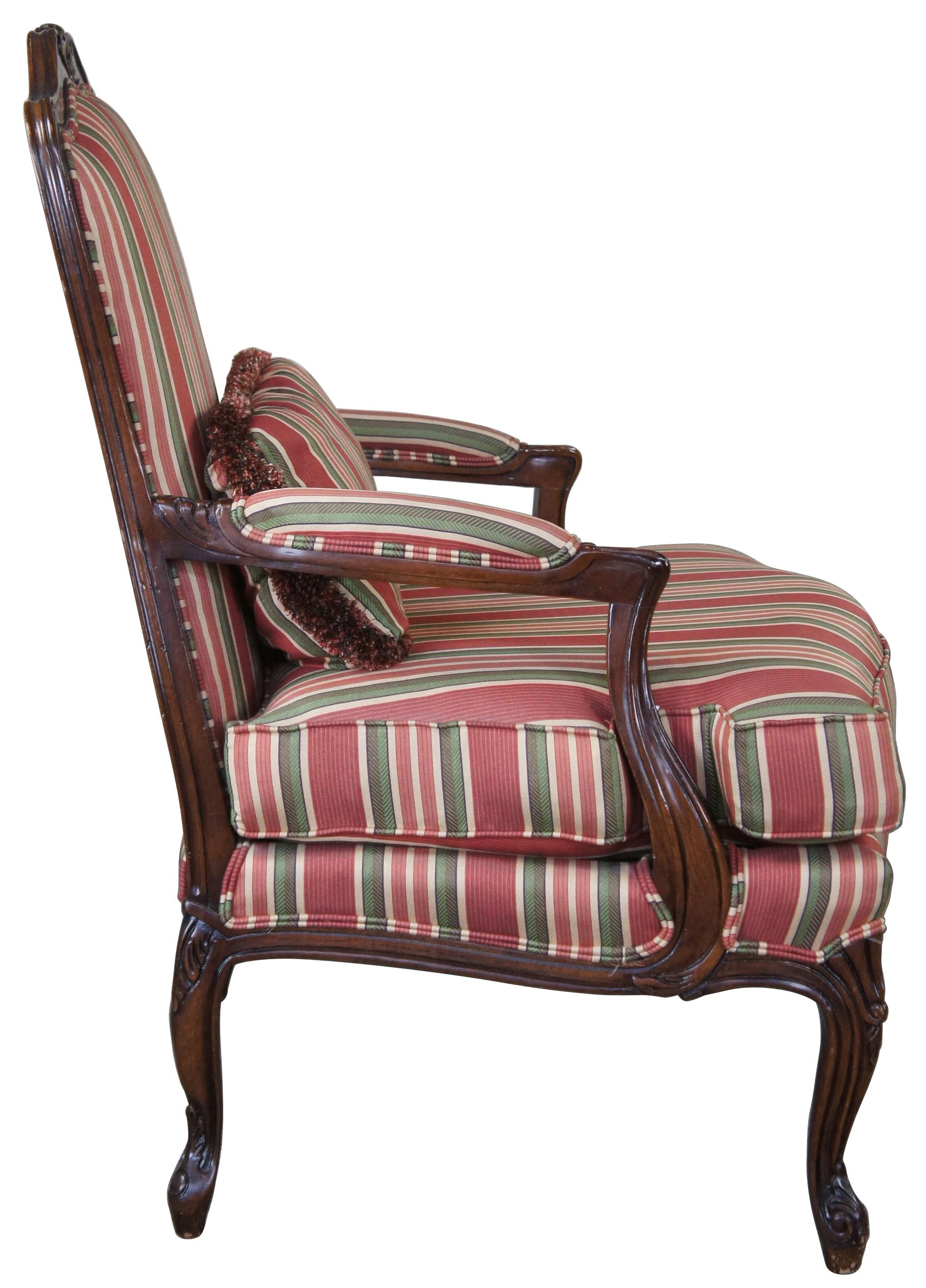Vintage French Louis XV Walnut Fauteuil Library Arm Chair Striped Upholstery In Good Condition In Dayton, OH