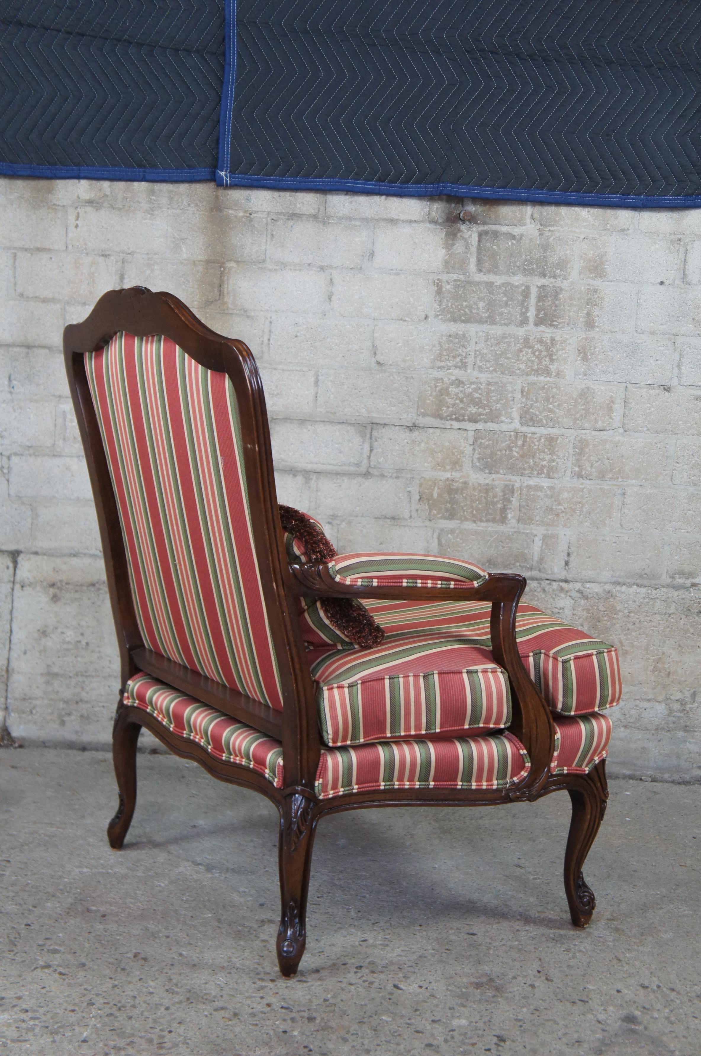 20th Century Vintage French Louis XV Walnut Fauteuil Library Arm Chair Striped Upholstery