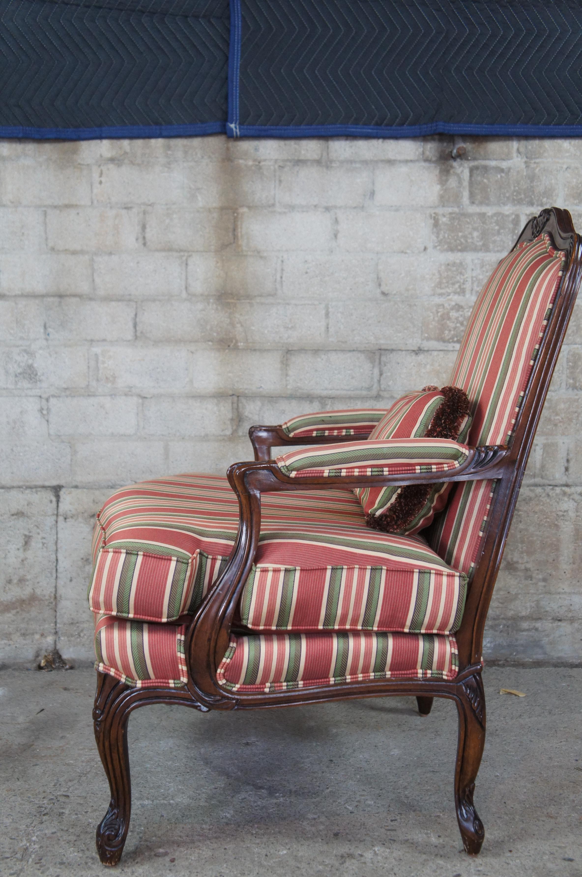 Vintage French Louis XV Walnut Fauteuil Library Arm Chair Striped Upholstery 2