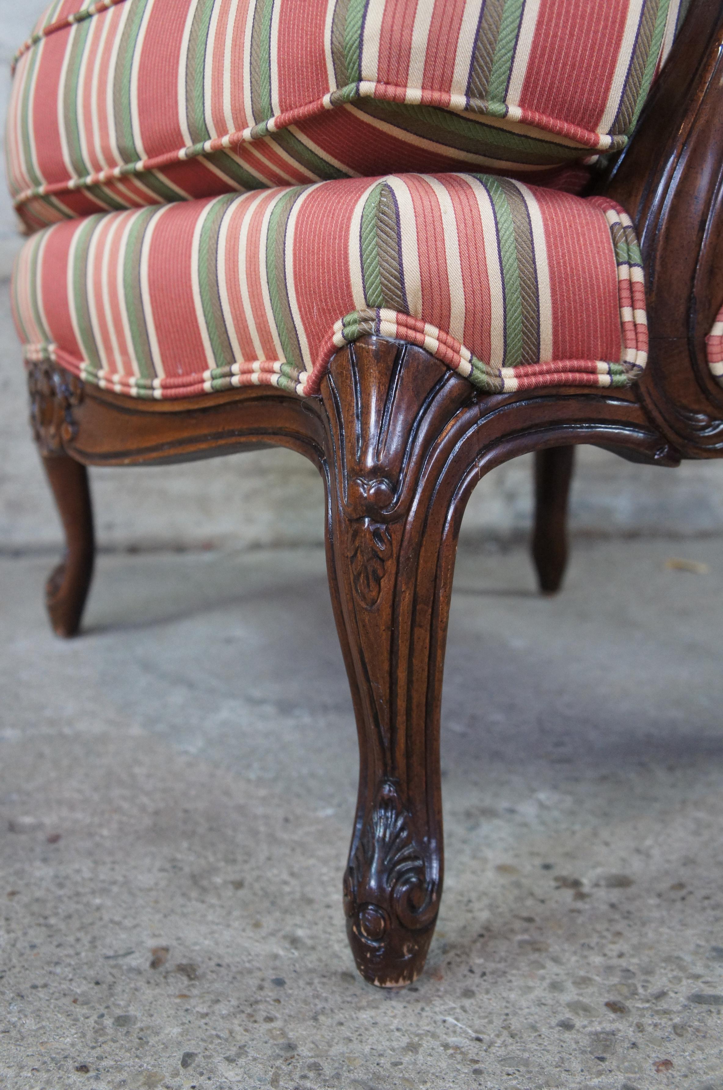 Vintage French Louis XV Walnut Fauteuil Library Arm Chair Striped Upholstery 3