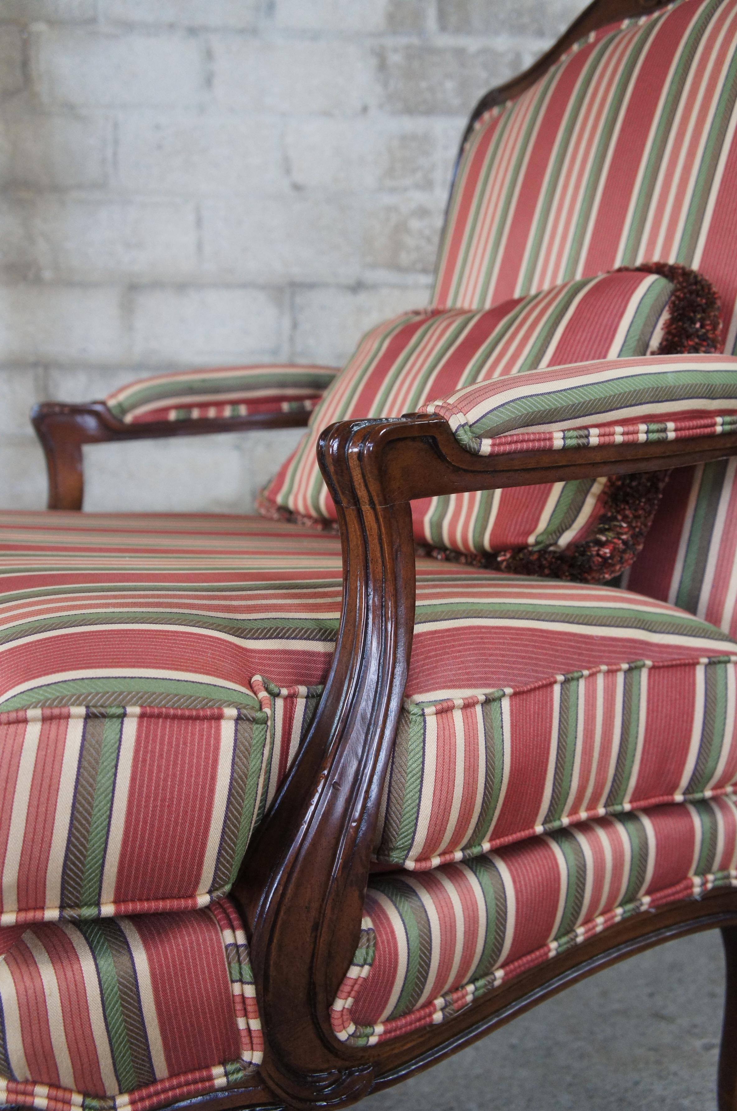 Vintage French Louis XV Walnut Fauteuil Library Arm Chair Striped Upholstery 4