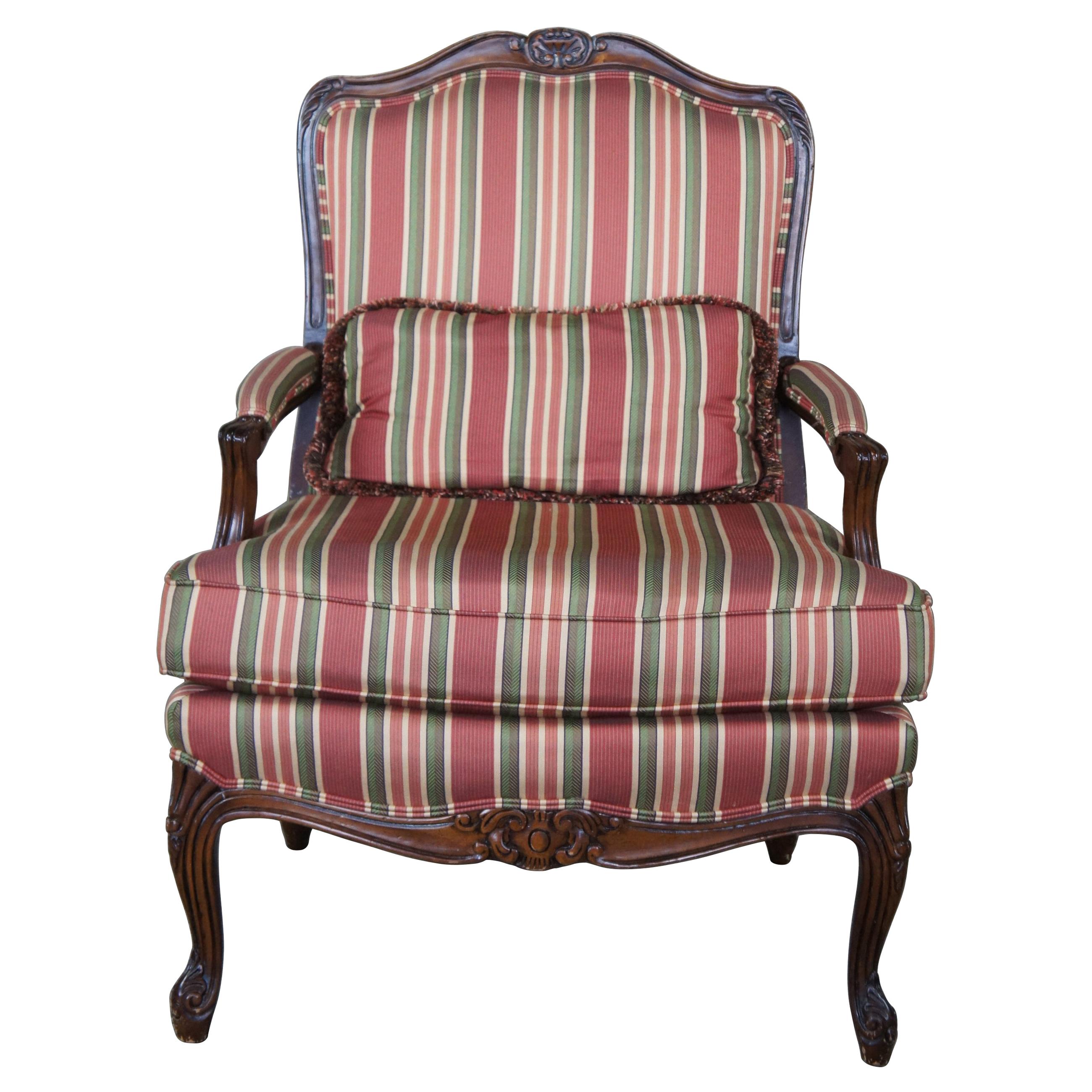 Vintage French Louis XV Walnut Fauteuil Library Arm Chair Striped Upholstery