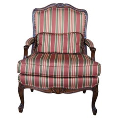 Vintage French Louis XV Walnut Fauteuil Library Arm Chair Striped Upholstery