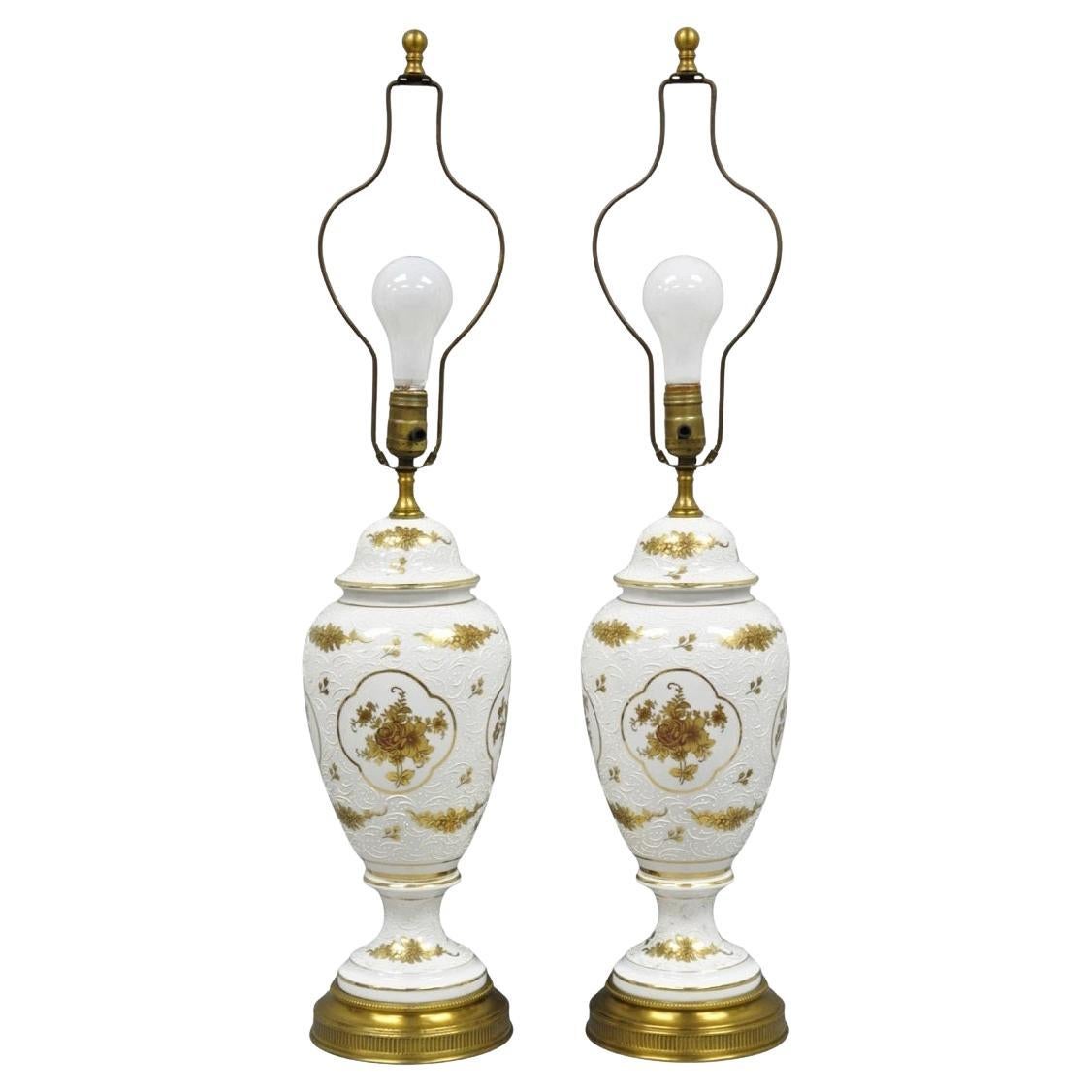 Vintage French Louis XV White Porcelain Ginger Jar Gold Flower Table Lamps Pair