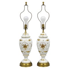 Vintage French Louis XV White Porcelain Ginger Jar Gold Flower Table Lamps Pair