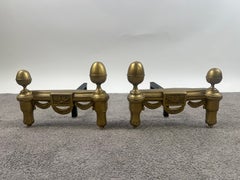 Vintage French Louis XVI Brass Andirons with Acorn Finials & Swag Detail, a Pair