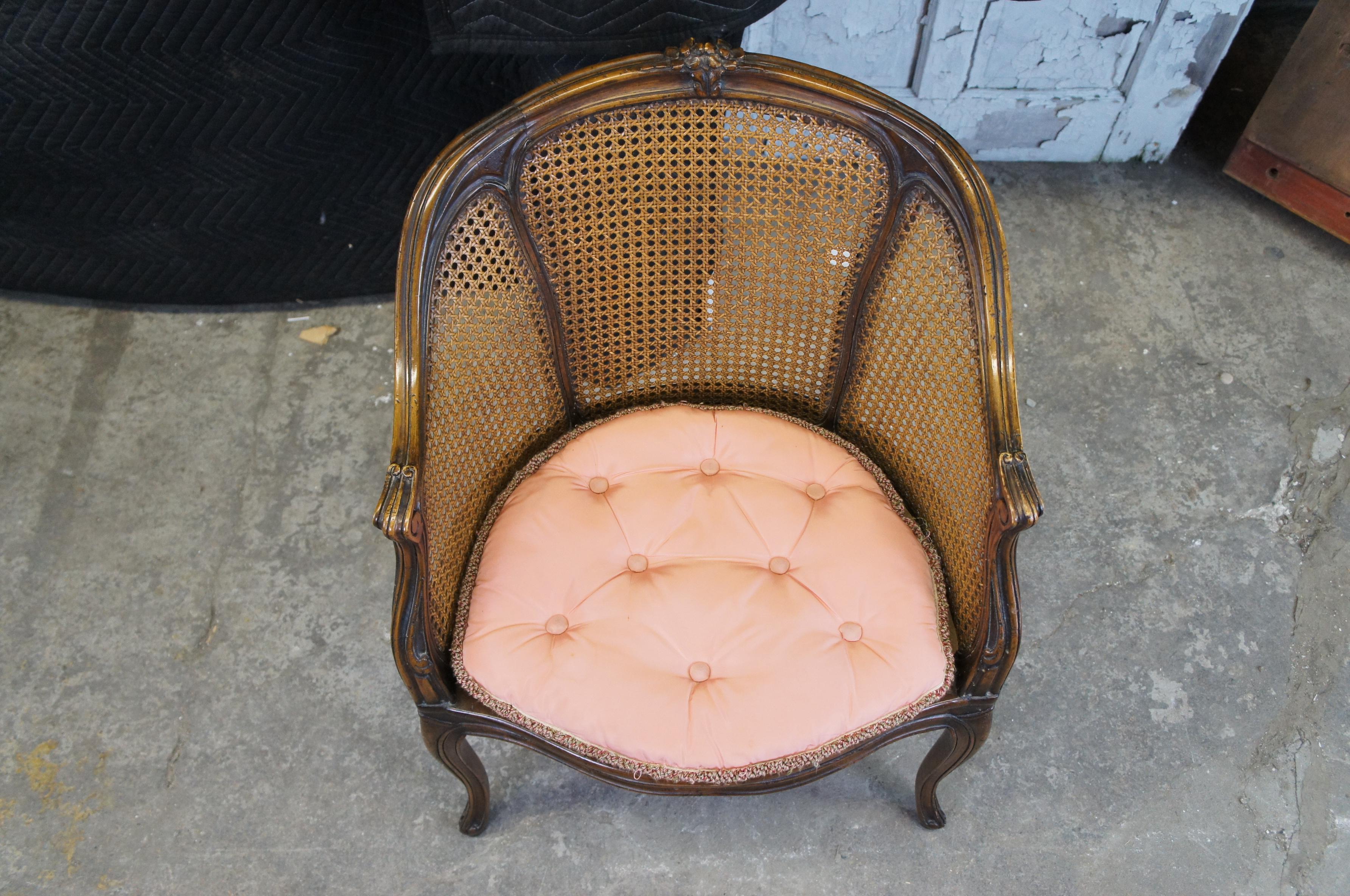 Vintage French Louis XVI Caned Bergere Barrel Back Serpentine Club Lounge Chair In Good Condition In Dayton, OH