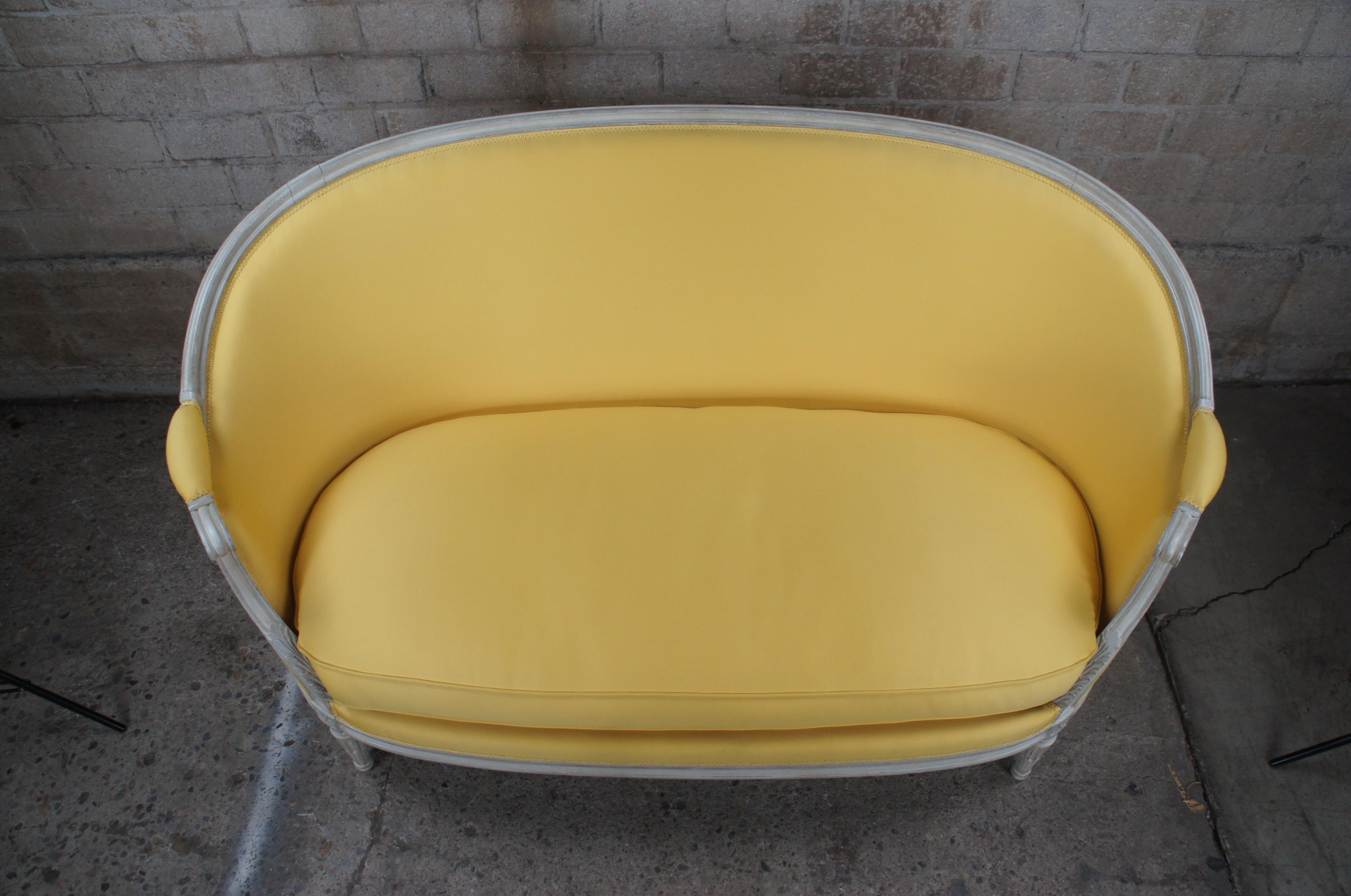 Late 20th Century Vintage French Louis XVI Down Filled Yellow Upholstered Love Seat Settee Sofa
