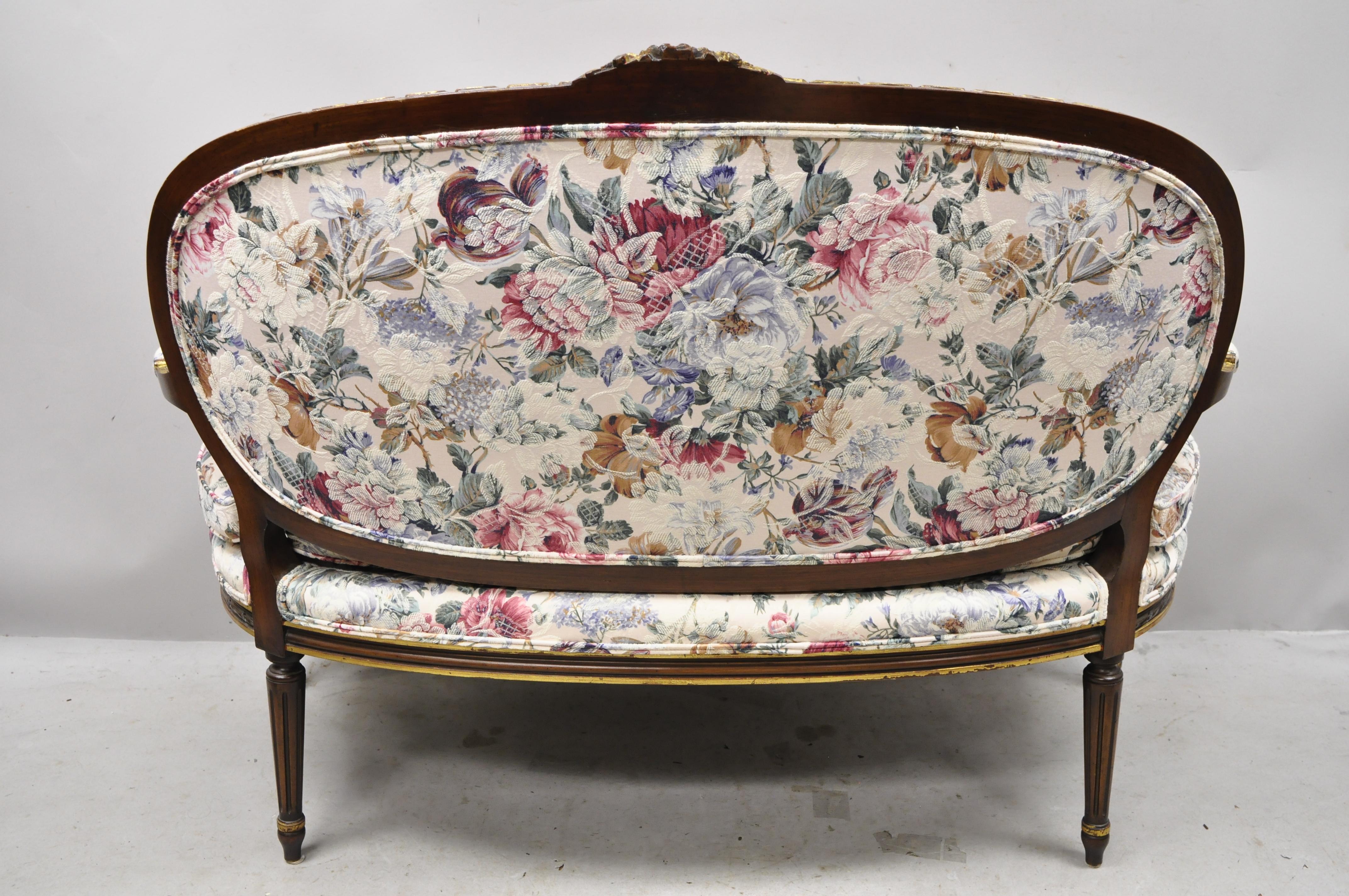 Vintage French Louis XVI Gold Giltwood Floral Upholstered Loveseat Settee Sofa 4