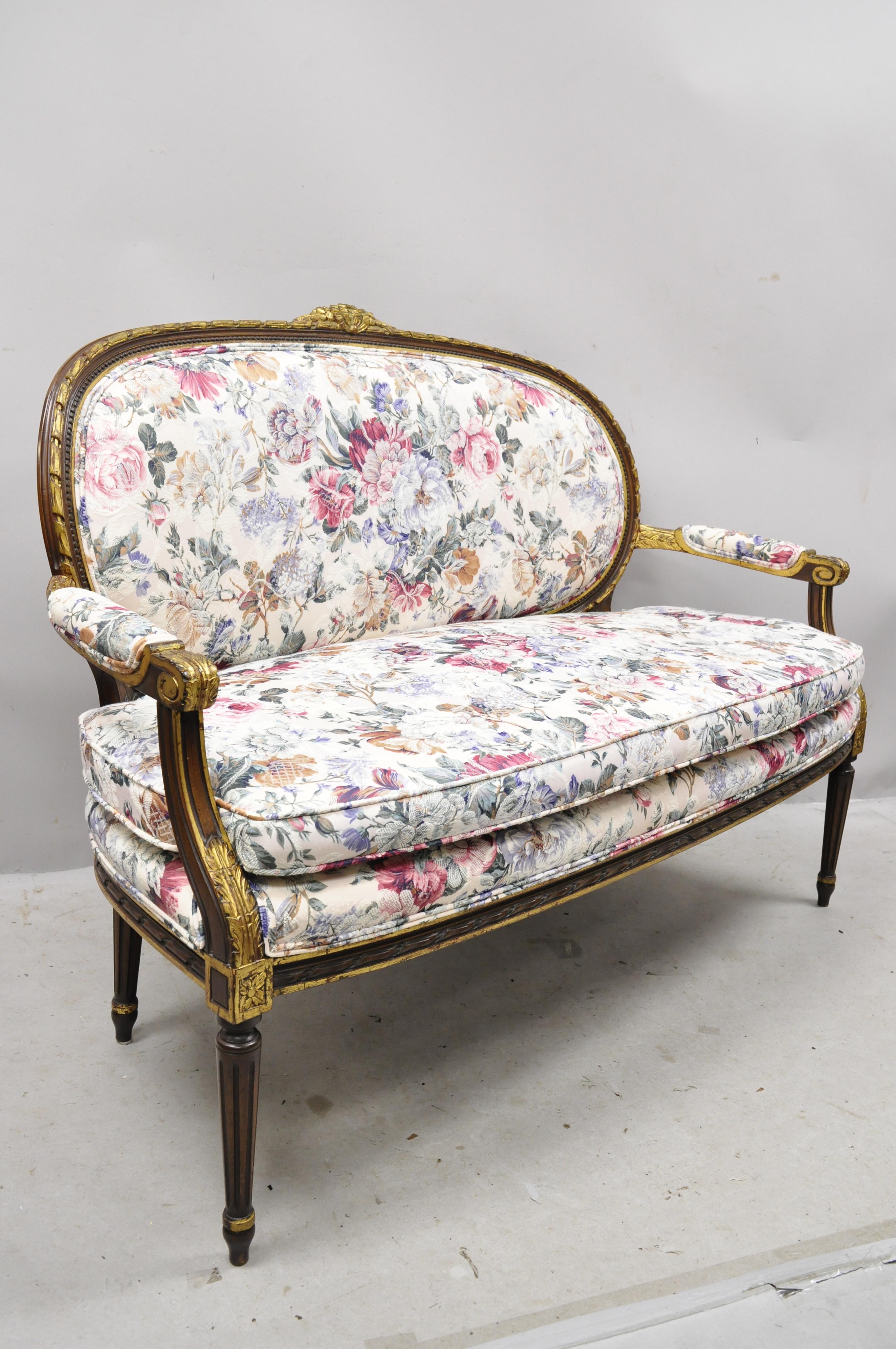 Vintage French Louis XVI Gold Giltwood Floral Upholstered Loveseat Settee Sofa 6