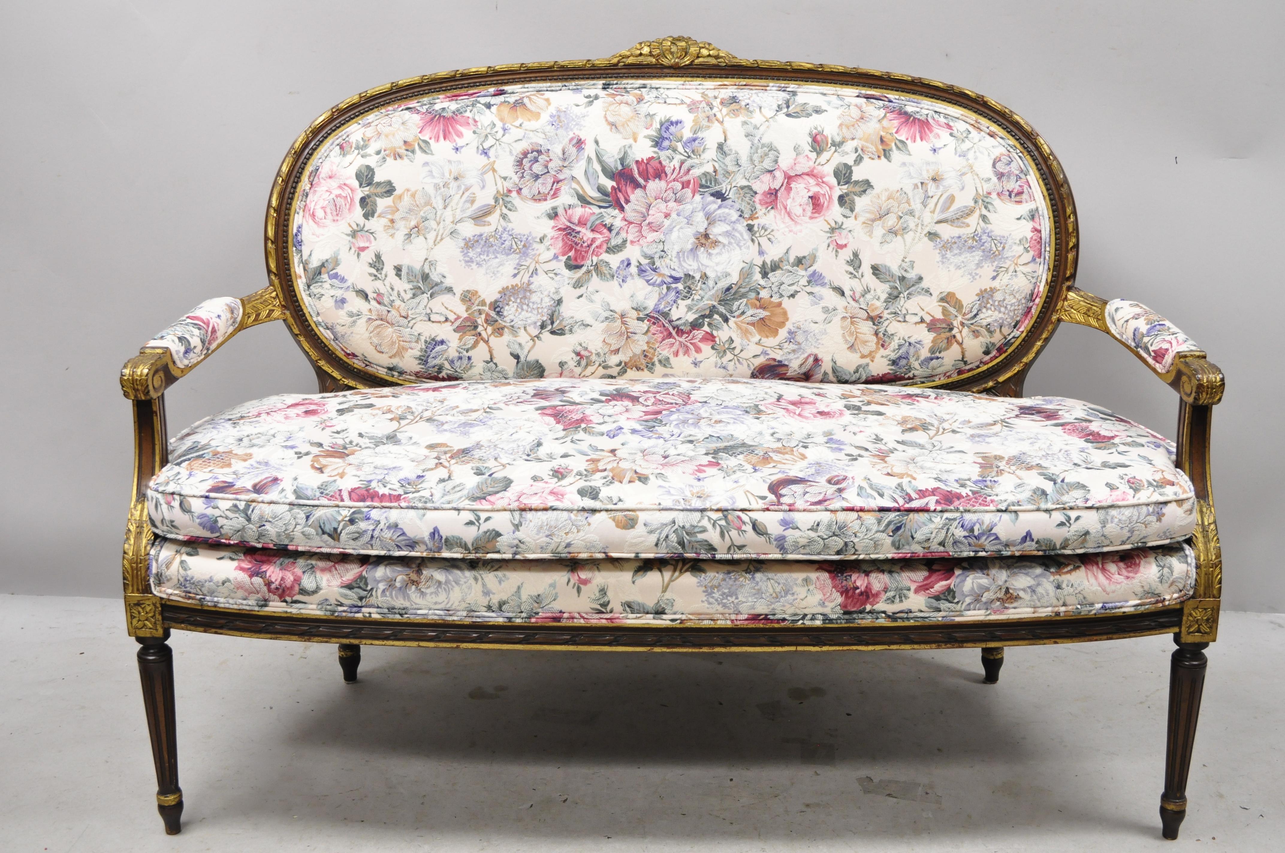 North American Vintage French Louis XVI Gold Giltwood Floral Upholstered Loveseat Settee Sofa