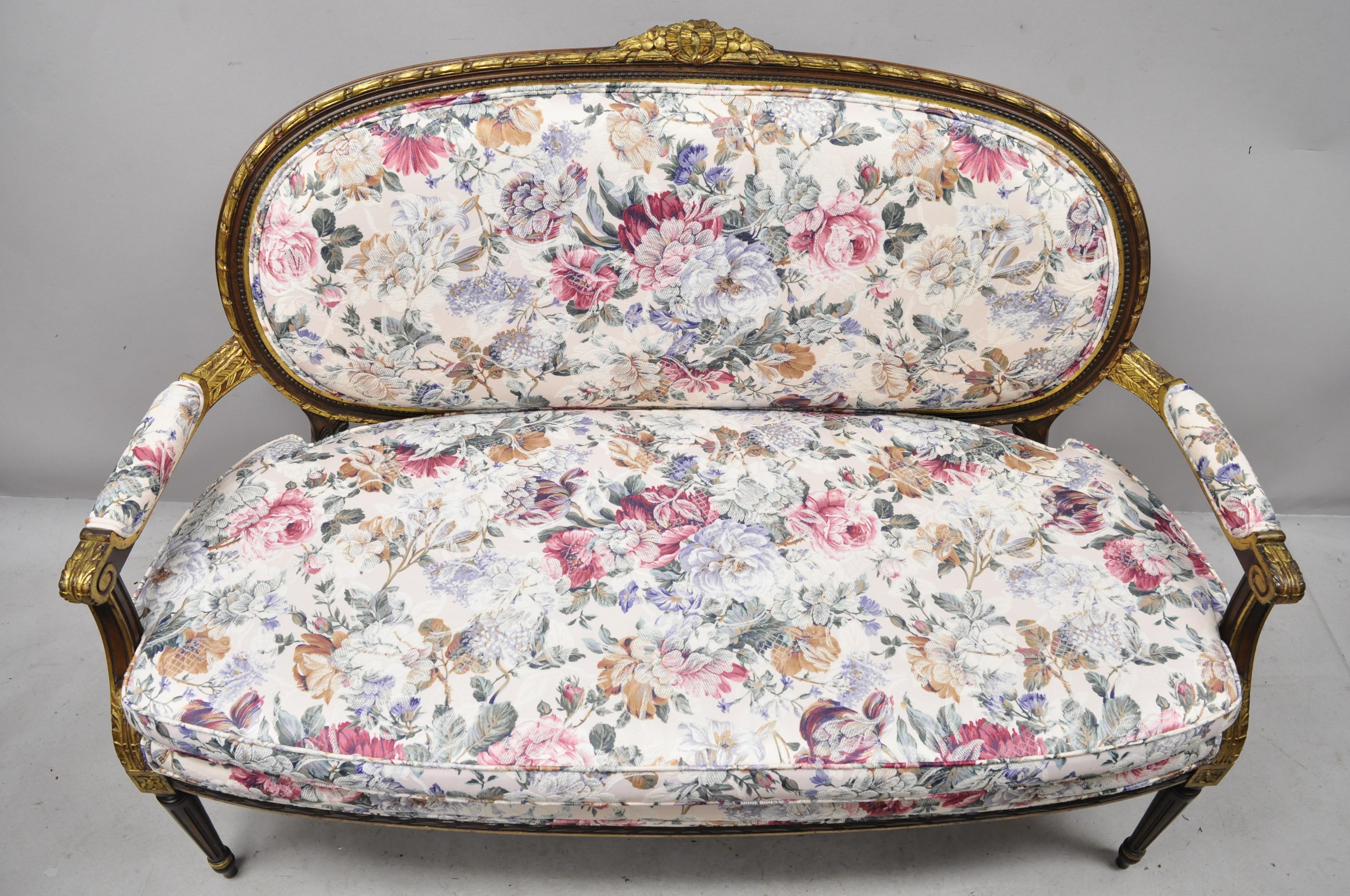 Vintage French Louis XVI Gold Giltwood Floral Upholstered Loveseat Settee Sofa 2