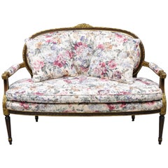 Vintage French Louis XVI Gold Giltwood Floral Upholstered Loveseat Settee Sofa