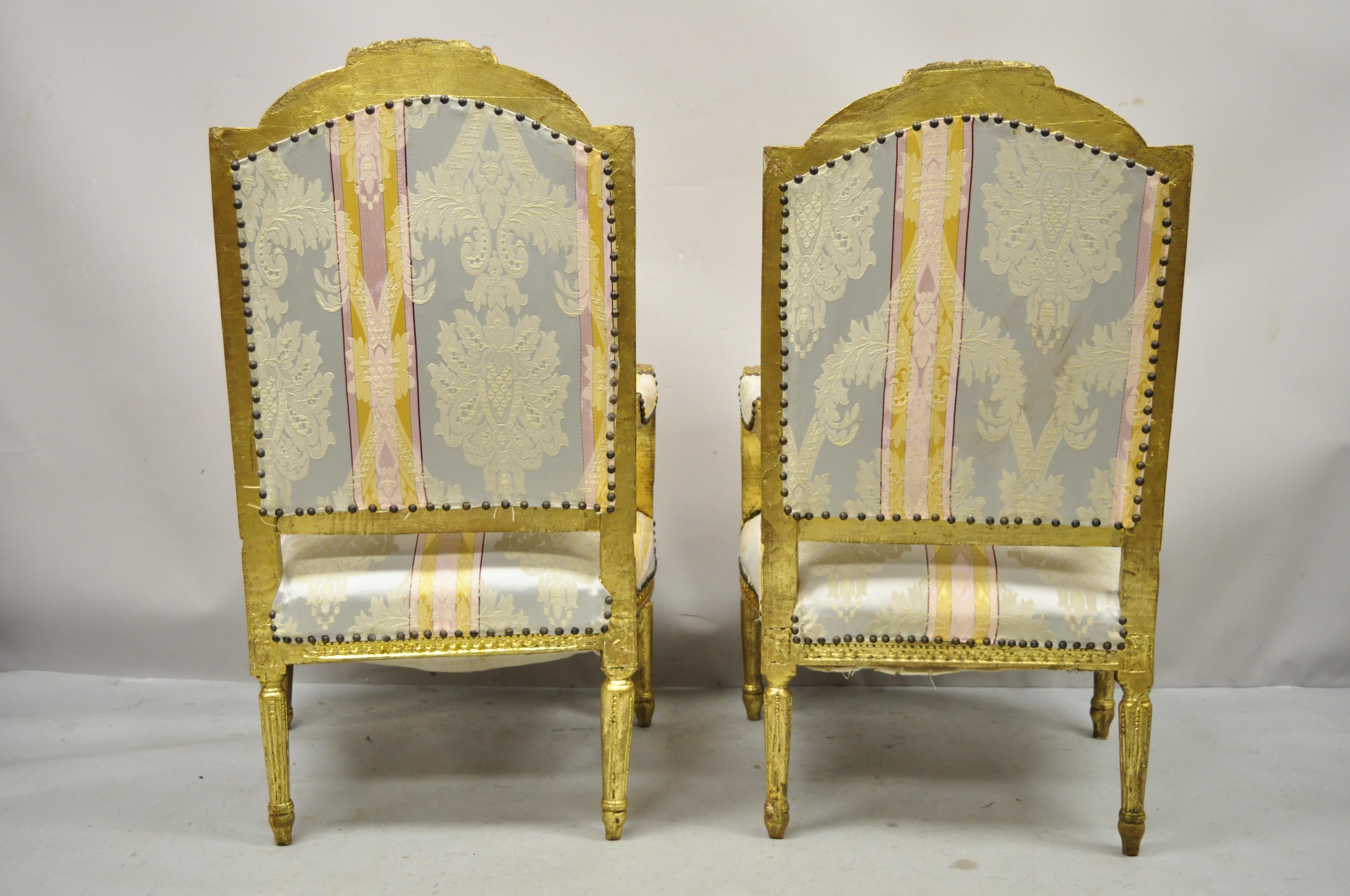 Vintage French Louis XVI Gold Giltwood Upholstered Lounge Chairs 'A', a Pair 4