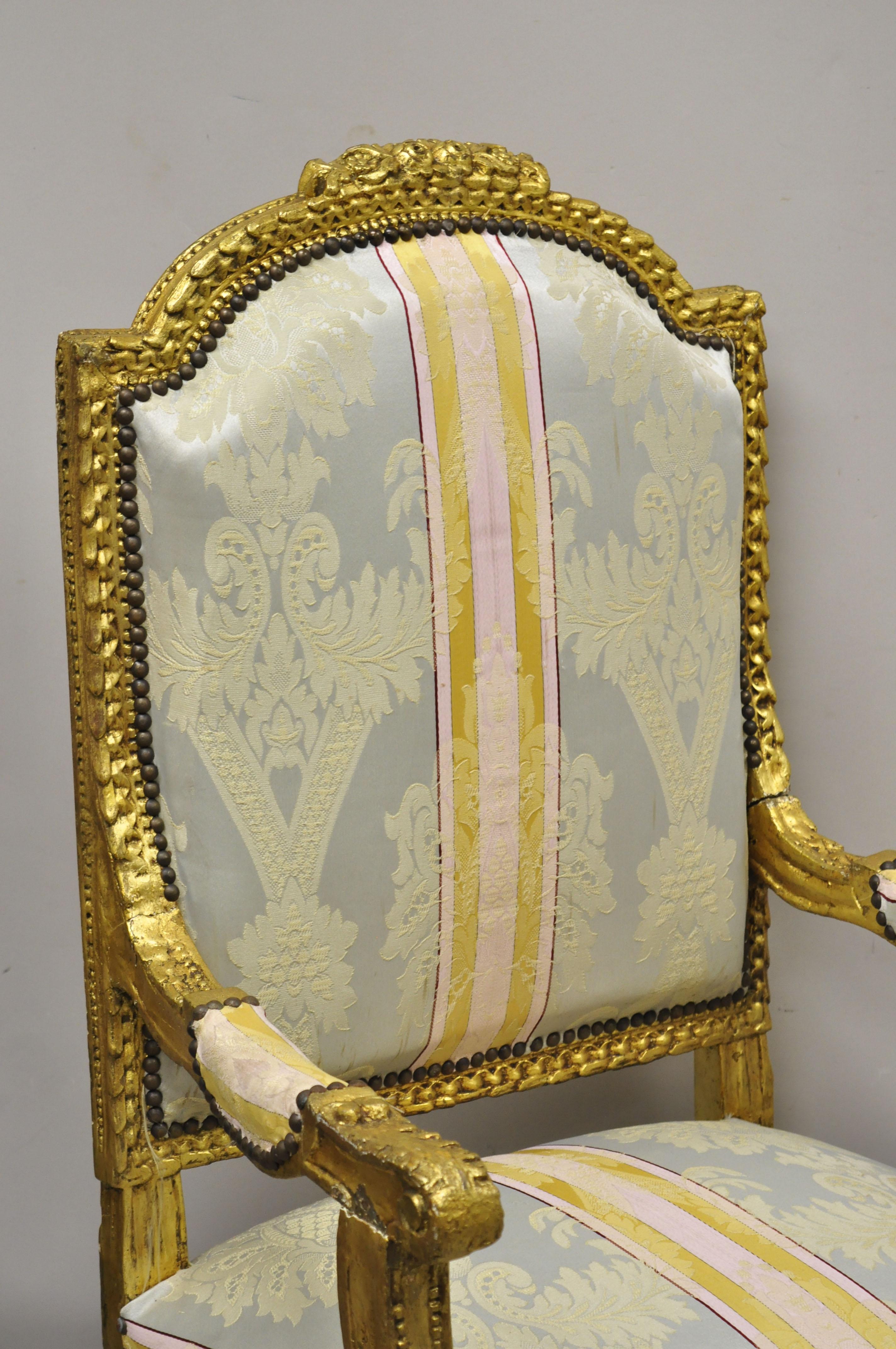 Vintage French Louis XVI Gold Giltwood Upholstered Lounge Chairs 'A', a Pair 6