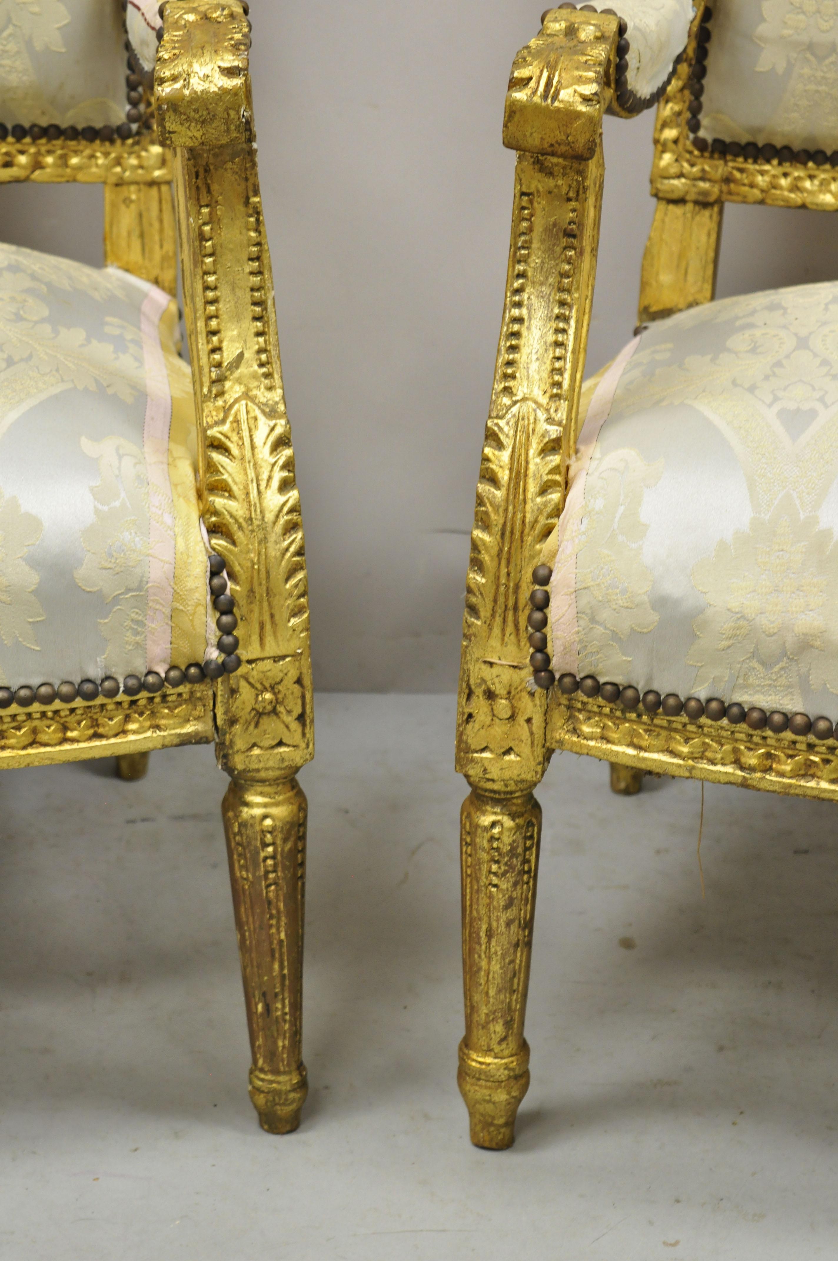 20th Century Vintage French Louis XVI Gold Giltwood Upholstered Lounge Chairs 'A', a Pair
