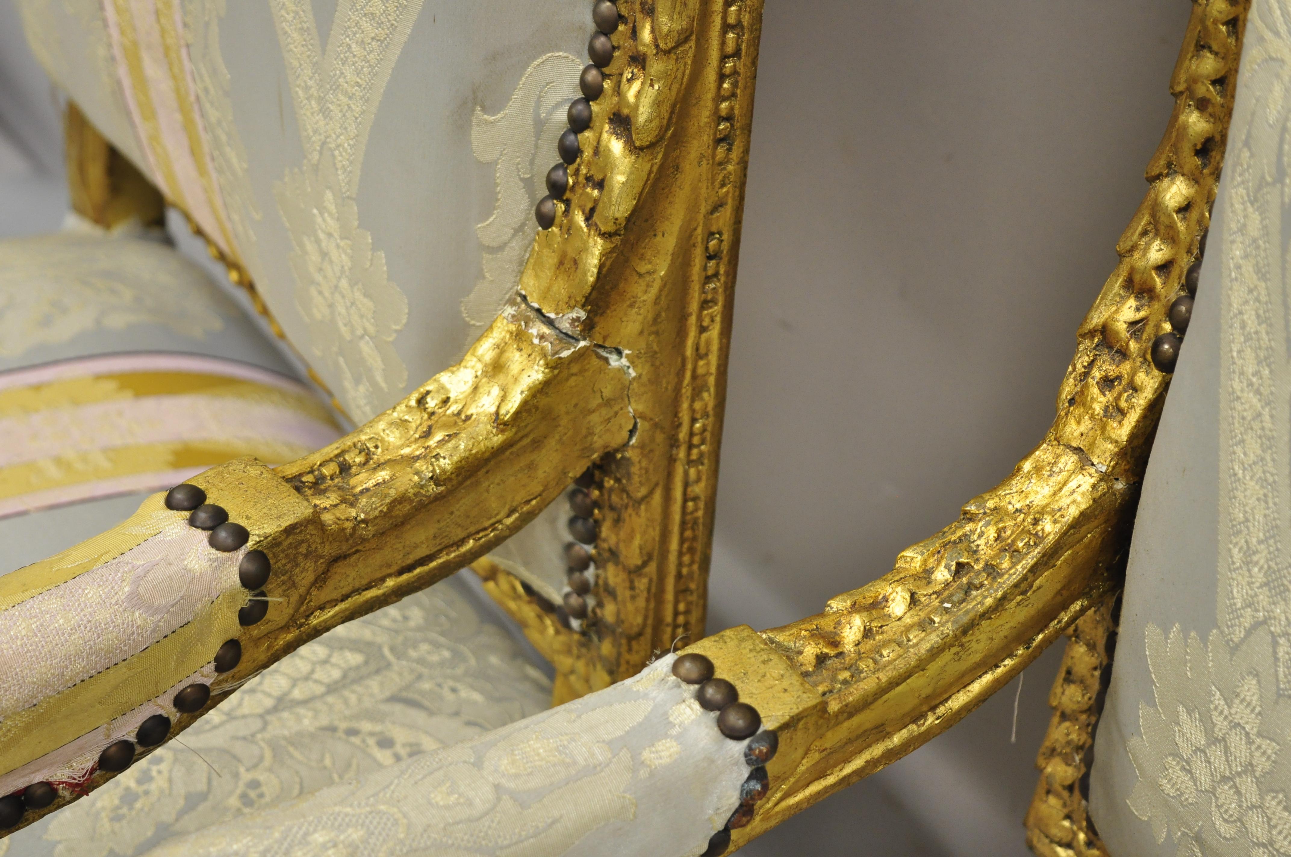 Fabric Vintage French Louis XVI Gold Giltwood Upholstered Lounge Chairs 'A', a Pair