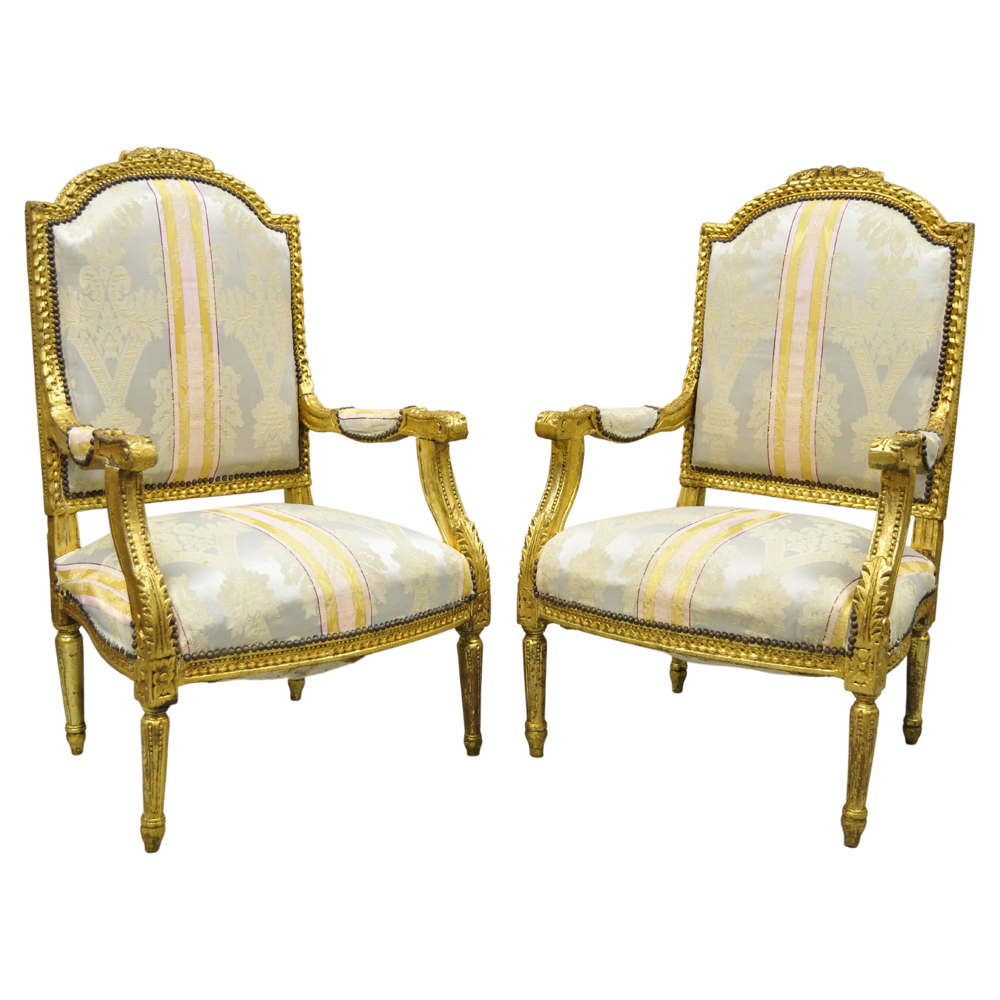 Vintage French Louis XVI Gold Giltwood Upholstered Lounge Chairs 'A', a Pair