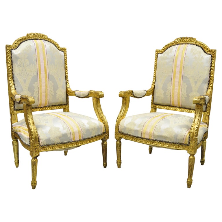 Vintage French Louis XVI Gold Giltwood Upholstered Lounge Chairs 'A', a