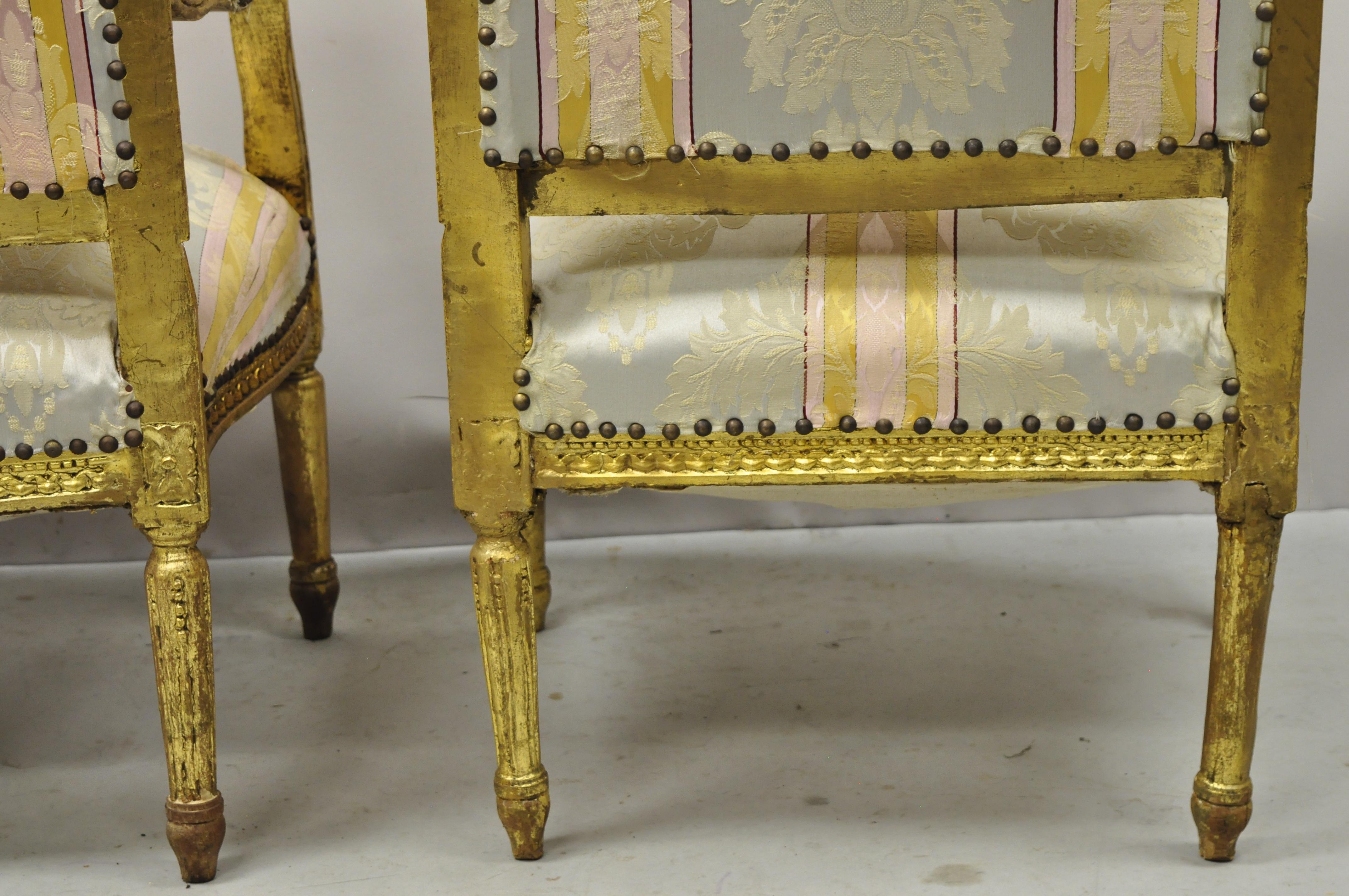 Vintage French Louis XVI Gold Giltwood Upholstered Lounge Chairs 'B', a Pair For Sale 6