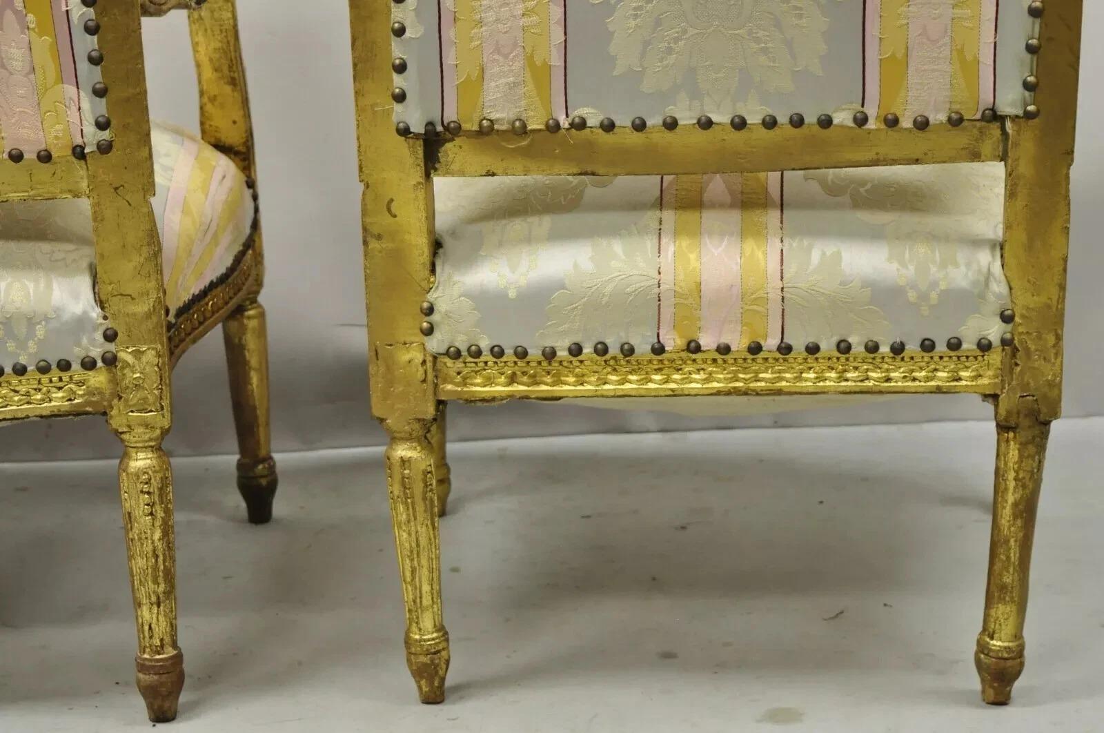 Vintage French Louis XVI Gold Giltwood Upholstered Lounge Chairs (B) - a Pair in vendita 4