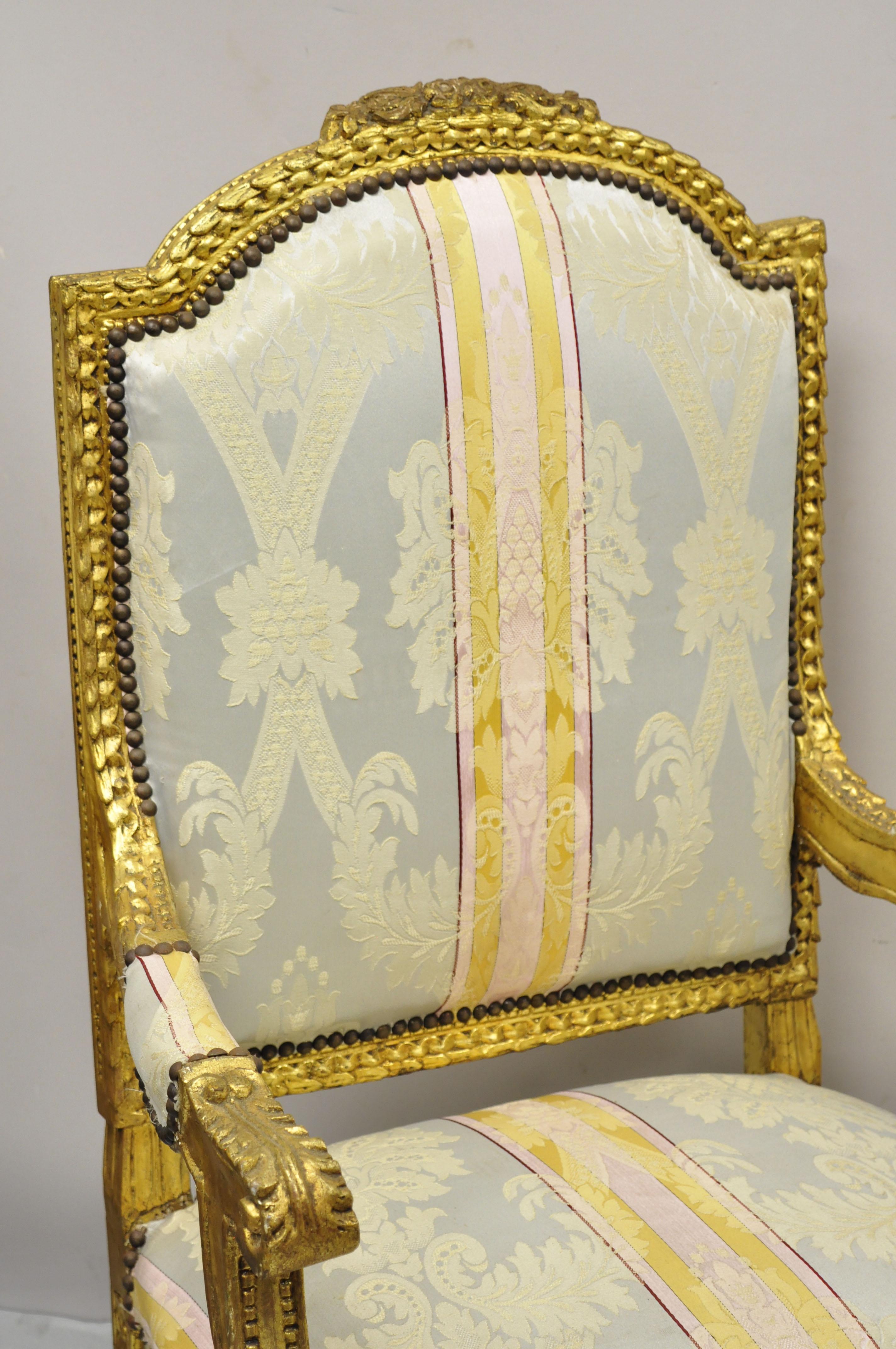 Vintage French Louis XVI Gold Giltwood Upholstered Lounge Chairs 'B', a Pair For Sale 7